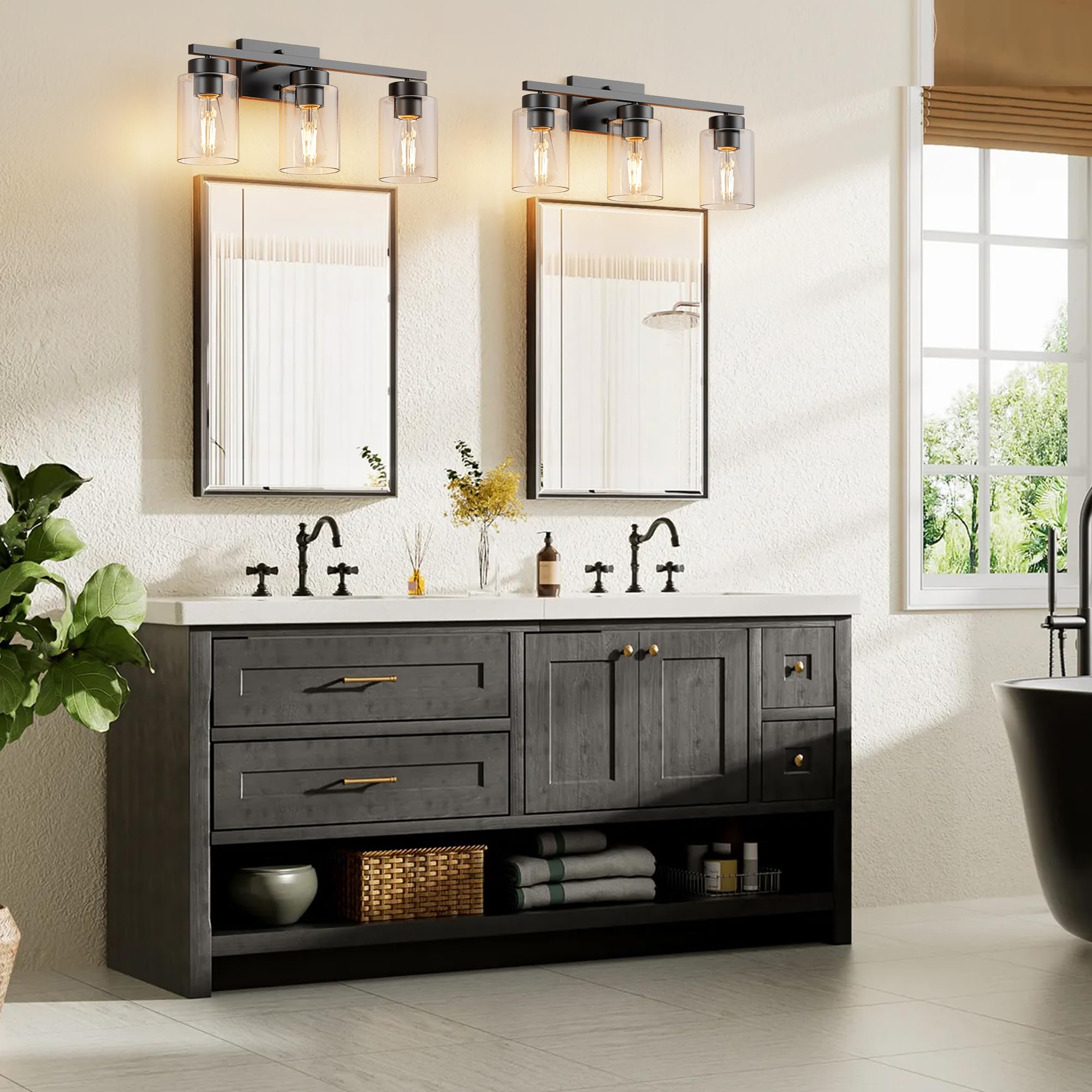 Partphoner 3-Light Bathroom Light Fixtures  Matte Black Vanity Light With Clear Glass Shade  Modern Wall Sconce For Mirror Bedroom Living Room Hallway Lighting