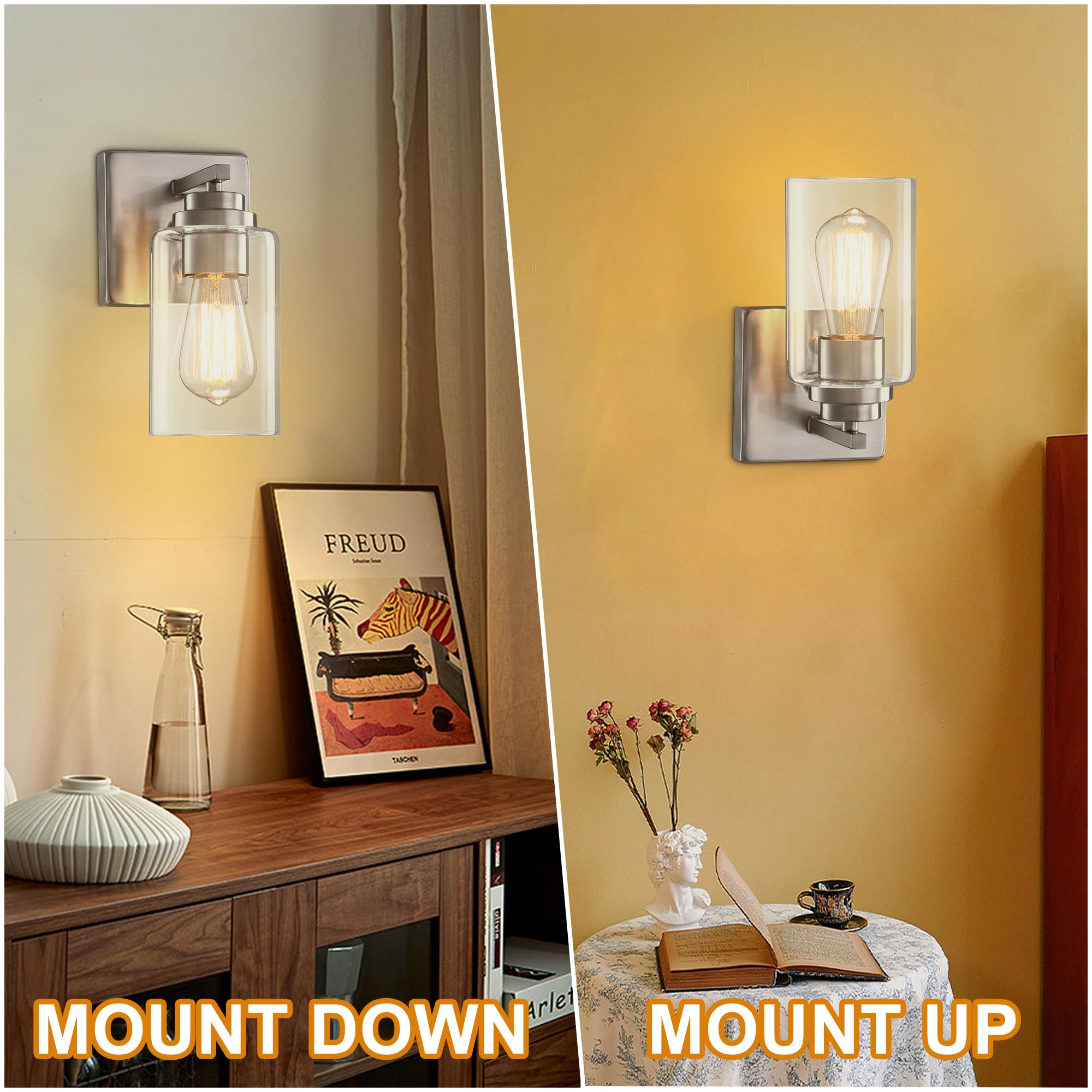 Pia Ricco Wall Sconces Set Of 2, Bedside Wall Lamps With Rotary Switch For Bedroom, Modern Bathroom Light Fixtures With Clear Gl
