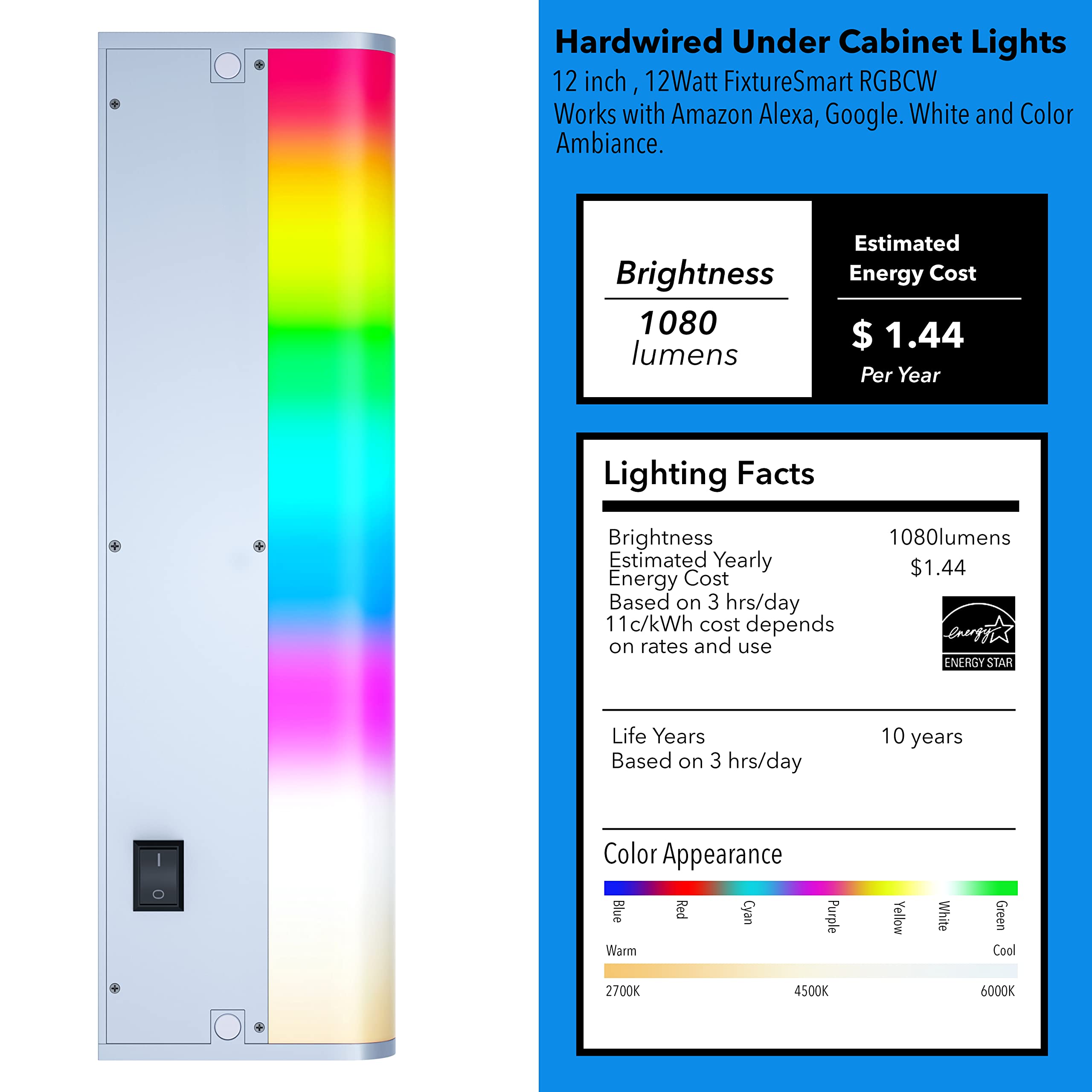 LAMPAOUS LED Smart Under Cabinet Lights, Dimmable RGBCW, 12 Inch, Hardwired or Plug-in, Remote Control, Compatible with Alexa/Google