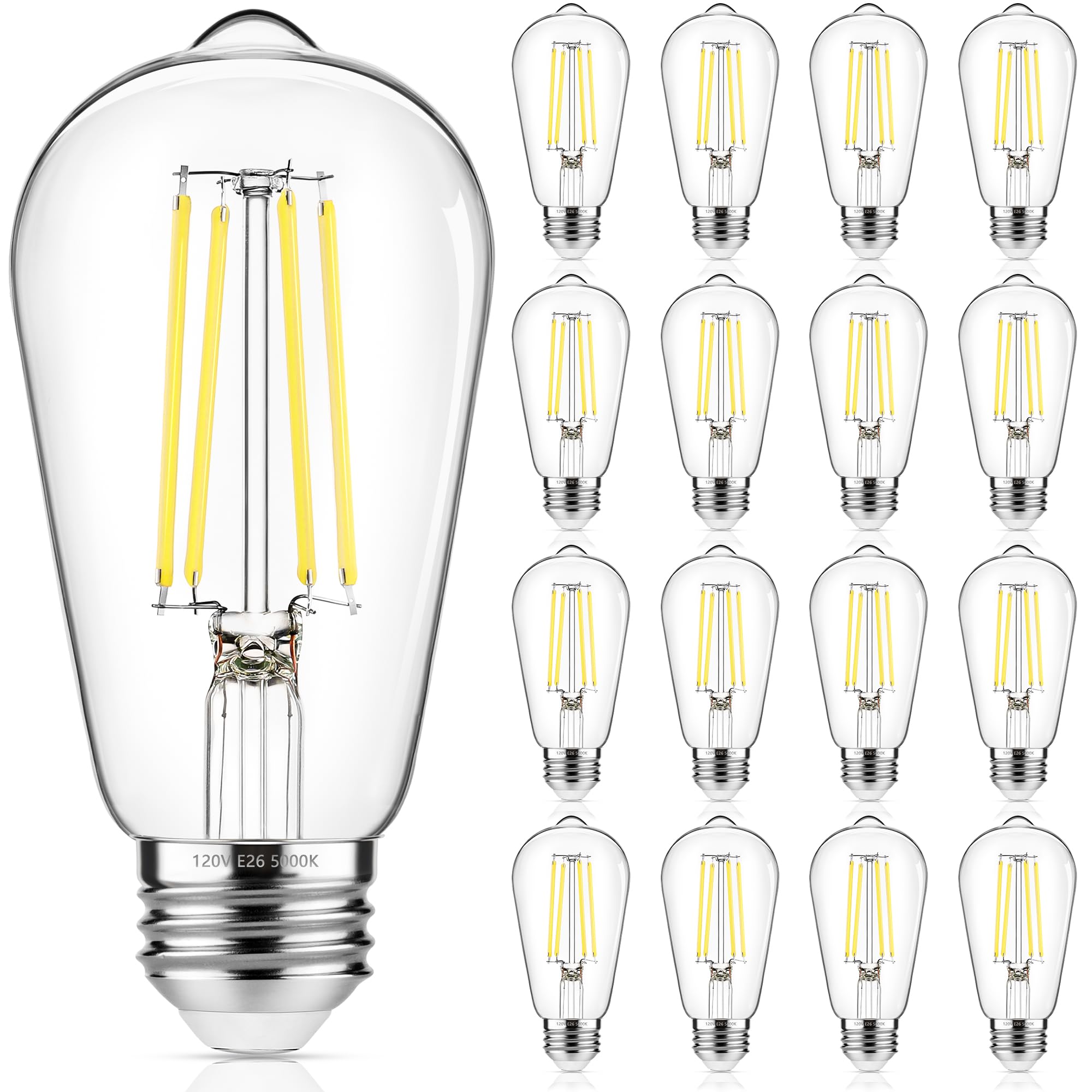 Asomst 16-Pack Vintage Edison Led Bulbs, 60W Equivalent, 850Lm 6W Edison Light Bulb Daylight White 5000K, St58 Led Filament Bulb