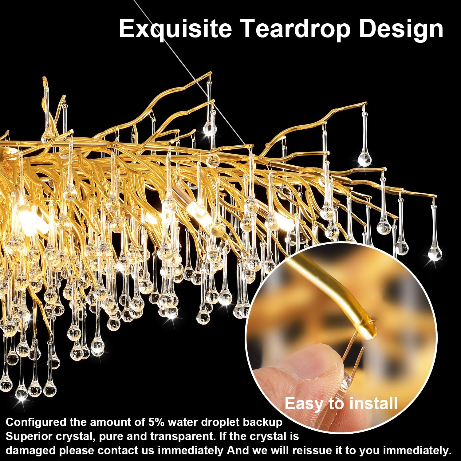 Niuzdu Crystal Chandelier For Dining Room - 31In Modern Farmhouse Crystal Gold Chandelier, Raindrop Tree Branch Chandeliers For