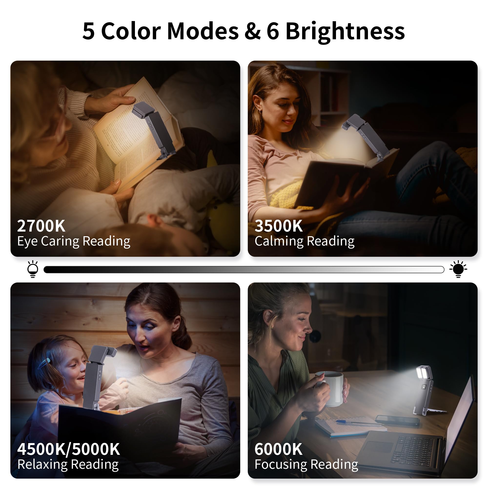 Dott Arts Book Light - 1000mAh Dual-Head LED Reading Lamp, 5 Colors, 6 Brightness Levels, Timer Function, Rechargeable, Black, Model WLM123-B