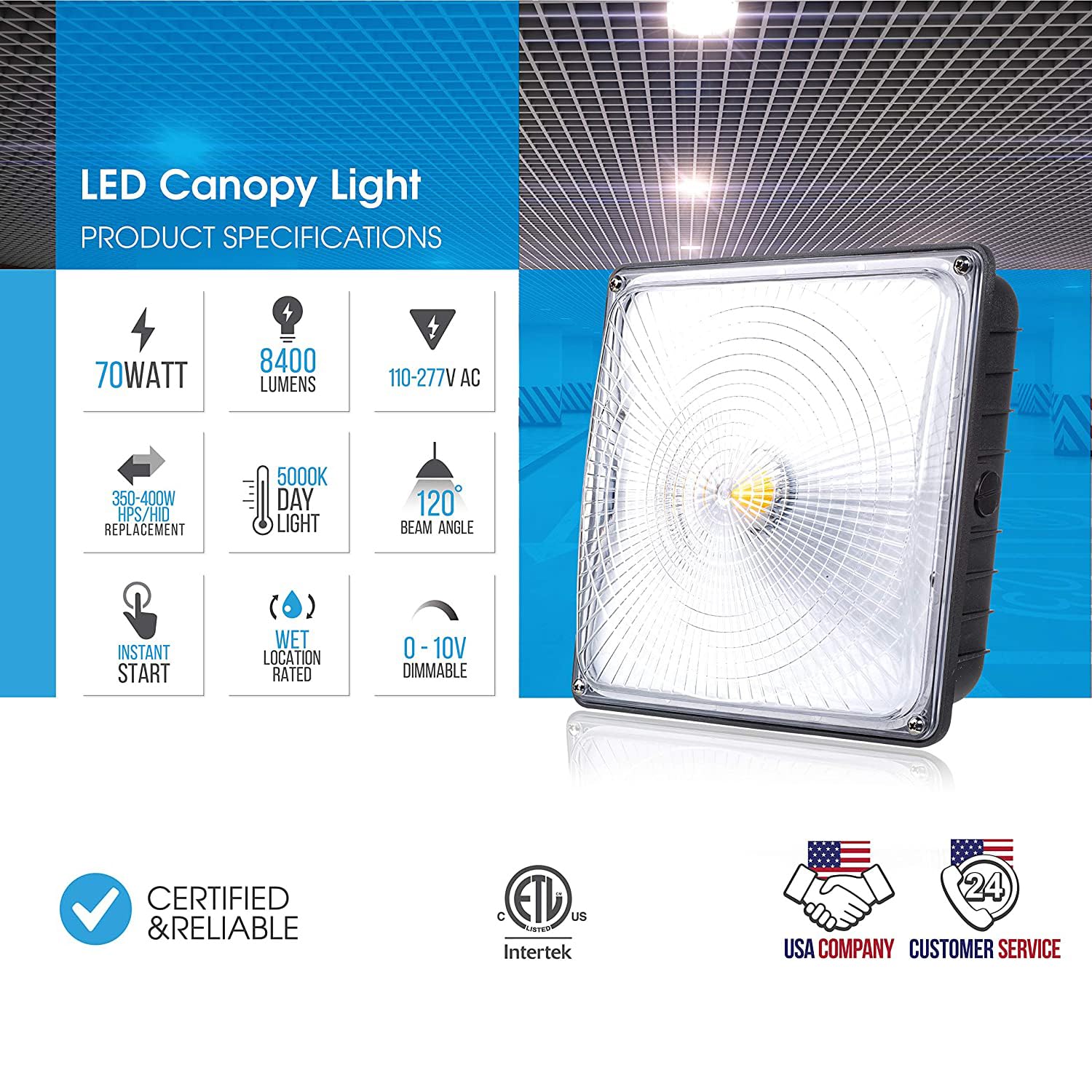 Parmida LED Canopy Light, 70W Dimmable, IP65 Waterproof, 9.6in x 9.6in, Bronze, Model PLED-CNP70W5K-