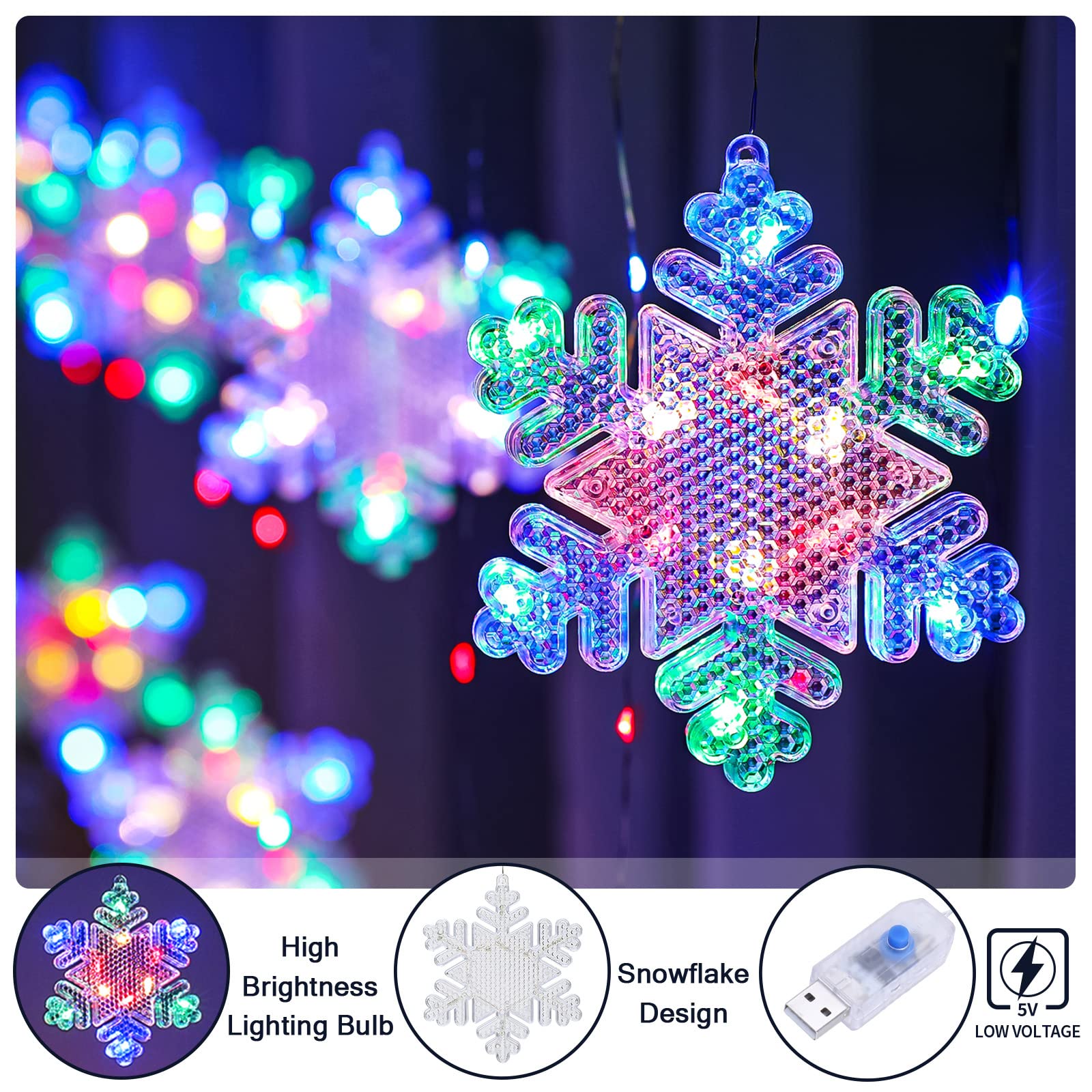 Bloomwin Christmas Fairy Curtain Lights 9.8Ft Snowflake Lights Usb Christmas Indoor Decorations 204Leds Twinkle Lights With Remote For Bedroom Xmas - Colorful