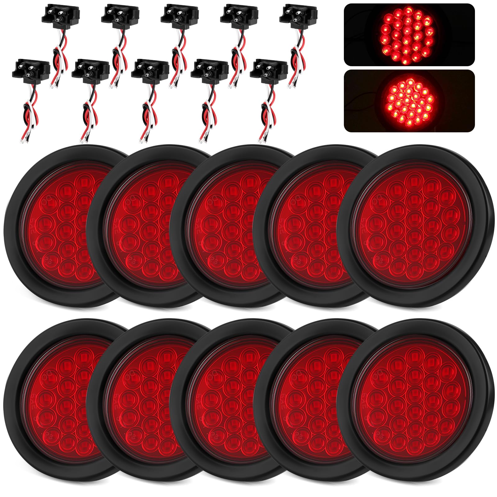 Ronybuy 10Pcs 4 Inch Round Led Trailer Tail Lights  Red 24 LED Trailer Lights Waterproof  4 Stop Turn Brake Led Tail Lights Sealed Flush Mount for Trucks RV Include Grommets 3-Prong Wire Plugs