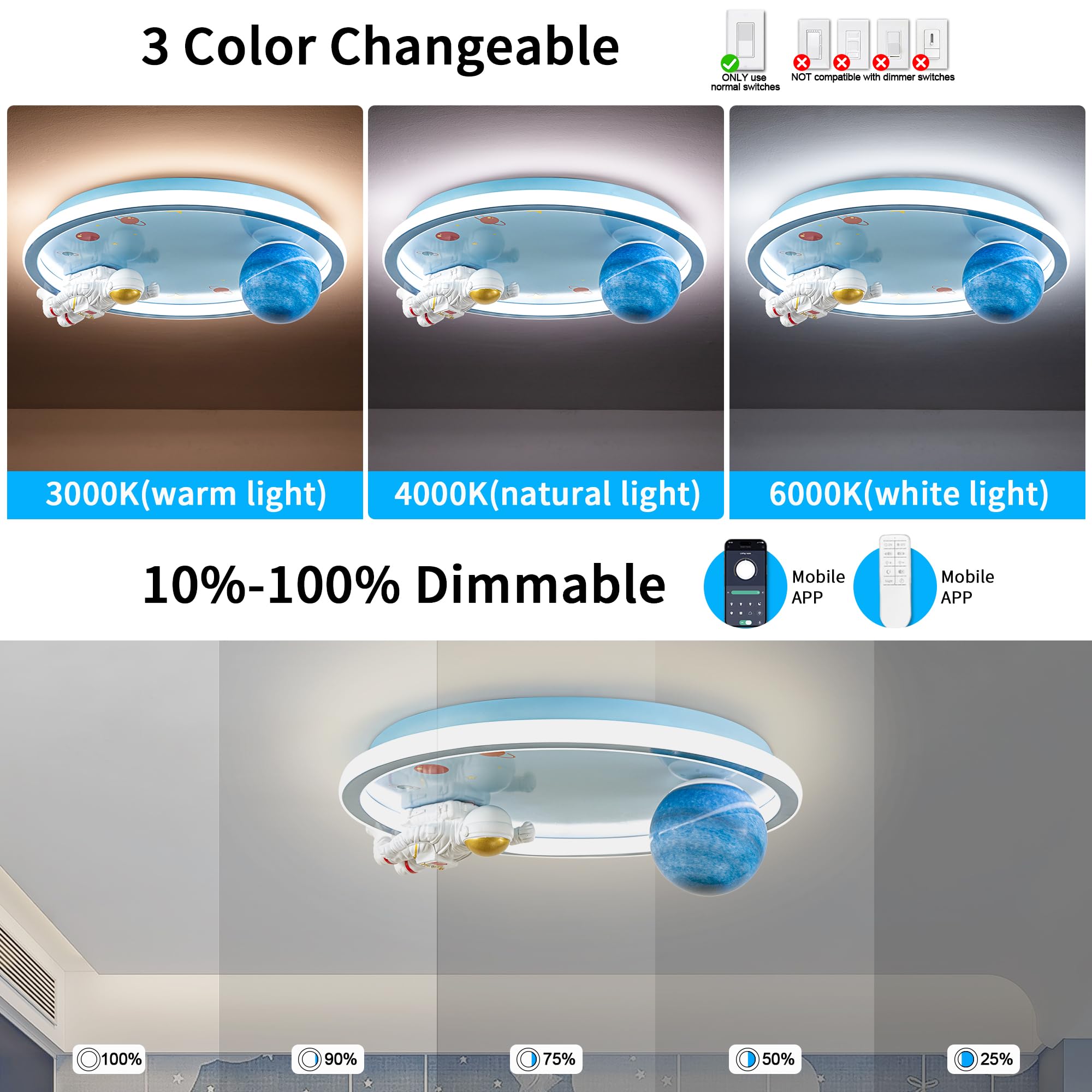 Shine Luest Astronaut Ceiling Light Fixture 20 Dimmable Kids Flush Mount Ceiling Lights For Bedroom Led Chandelier 3000K-6000K W