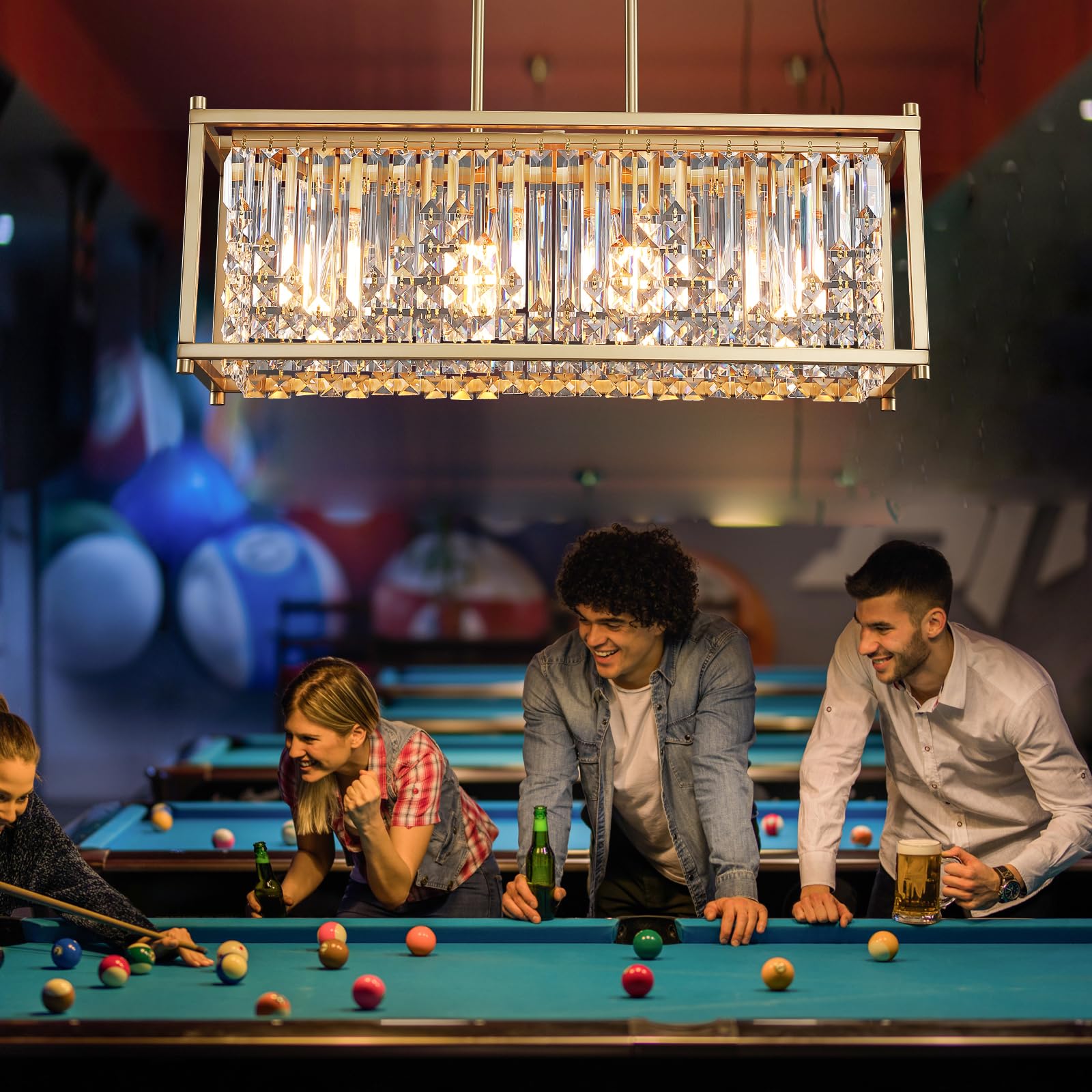 Q&S Gold Modern Chandelier, 4-Light Rectangle Crystal Fixture for Dining Room, Kitchen, Living Room, Office, Model P2016-4B-GD