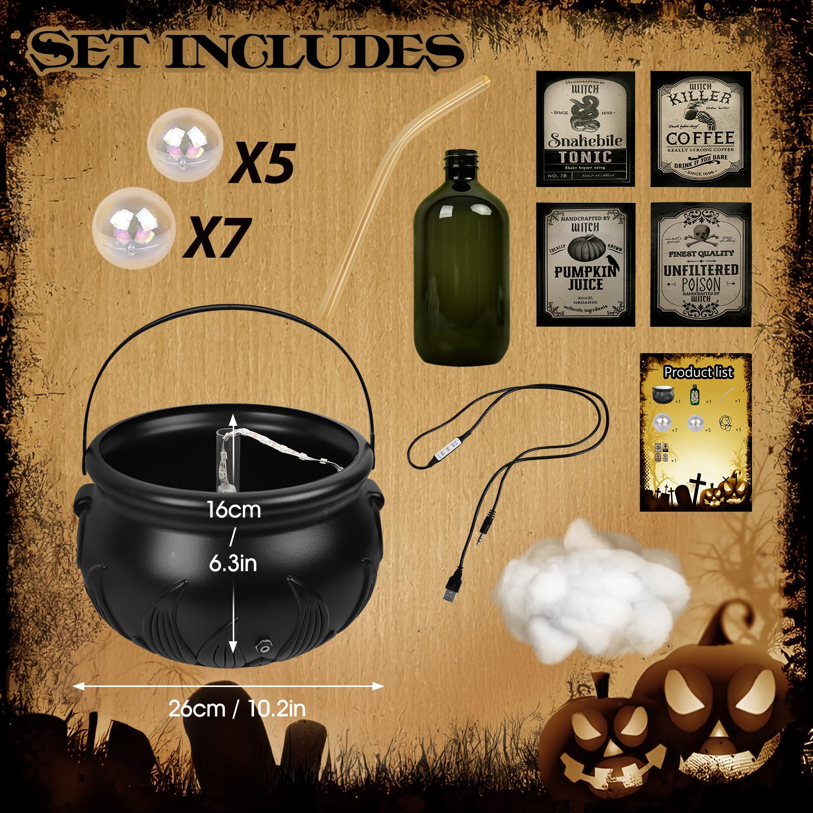 JEGERMIG LED Color Changing Cauldron Light with Floating Potion Bottles - Spooky Home Decoration - Black