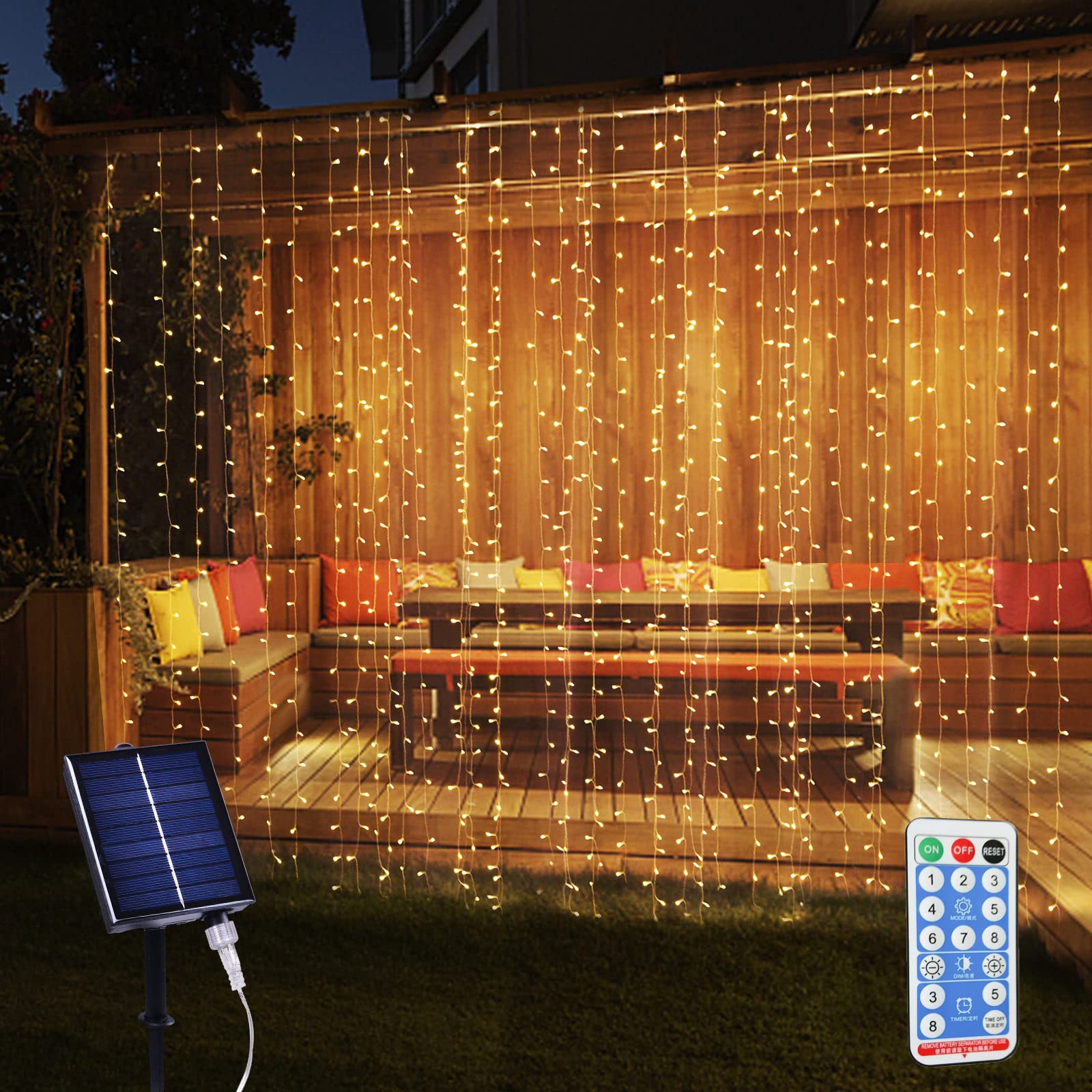 XINXIANLIAN Solar Curtain Lights 300LED Waterproof 8 Modes Warm White for Outdoor Indoor Garden Patio