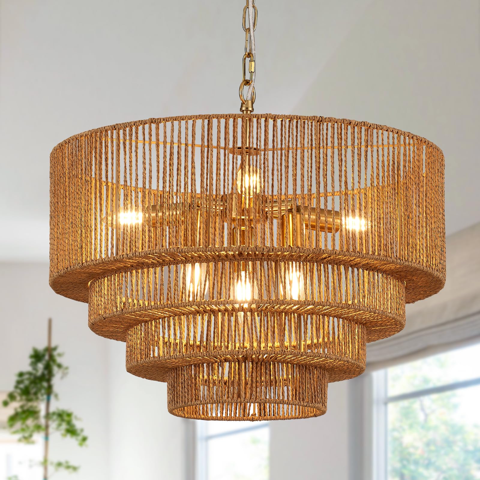 Yomecoo 19.7'' Hand-Woven Rattan Chandelier Vintage Farmhouse 6-Lights Boho Bamboo Chandeliers Light Fixture Retro Drum Wicker R