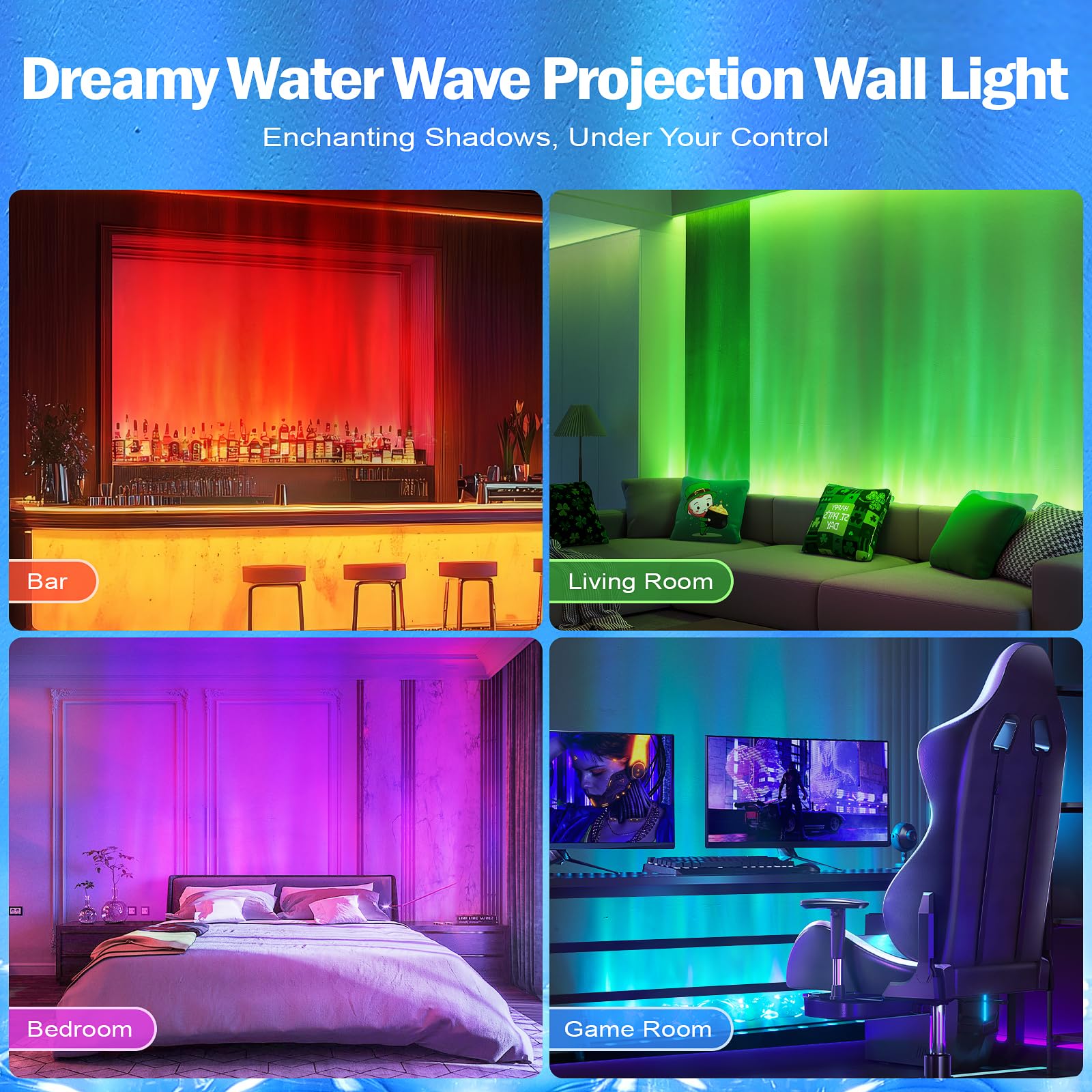 Caupel RGBW LED Ocean Wave Projector Lamp, 39.4" Aluminum, Color Changing Light for Bedroom & Gaming Room Decor
