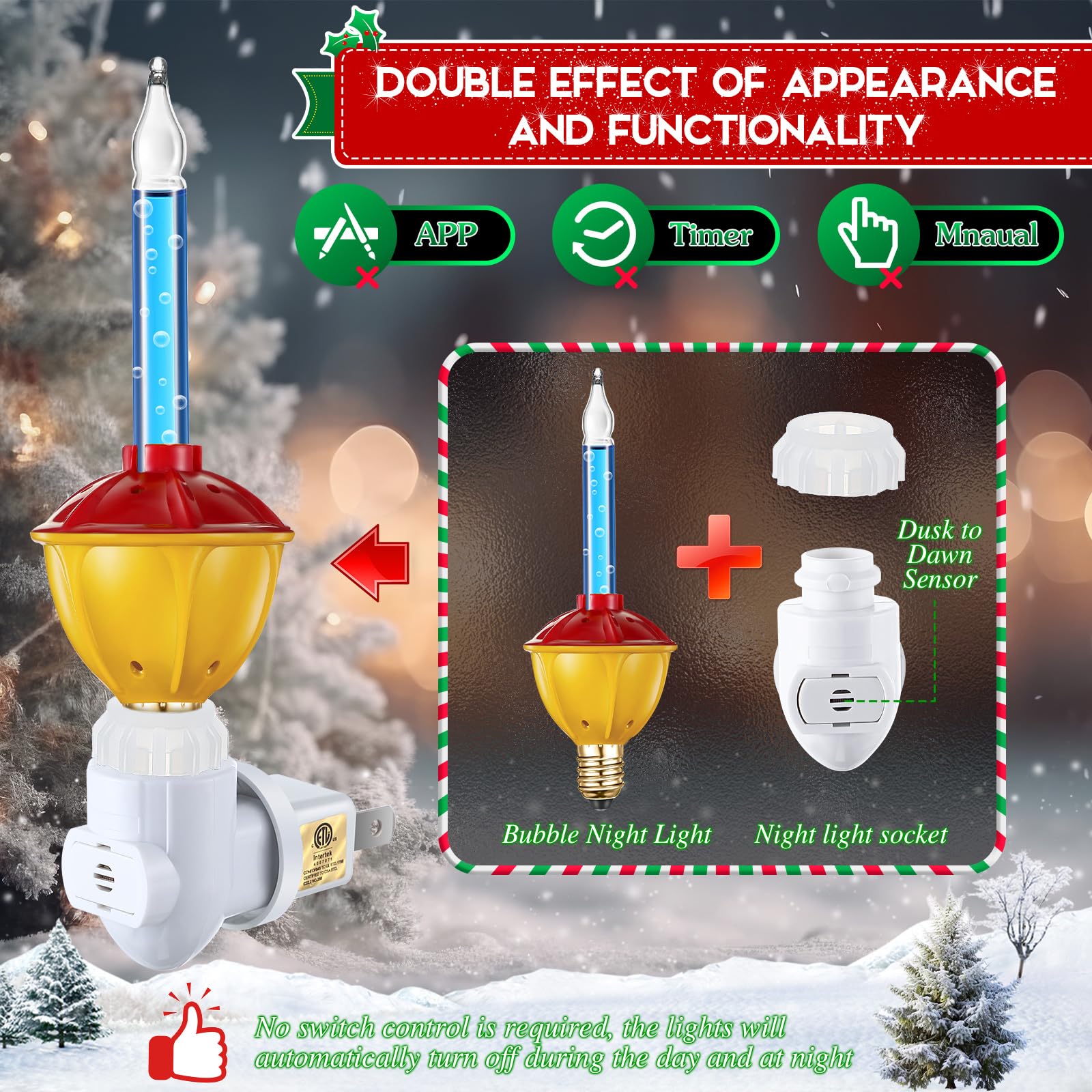 Feekoon 6 Pack Christmas Bubble Night Light With Dusk To Dawn Sensor, Traditional Multi Color Bubble Fluid Lights, Christmas Bub