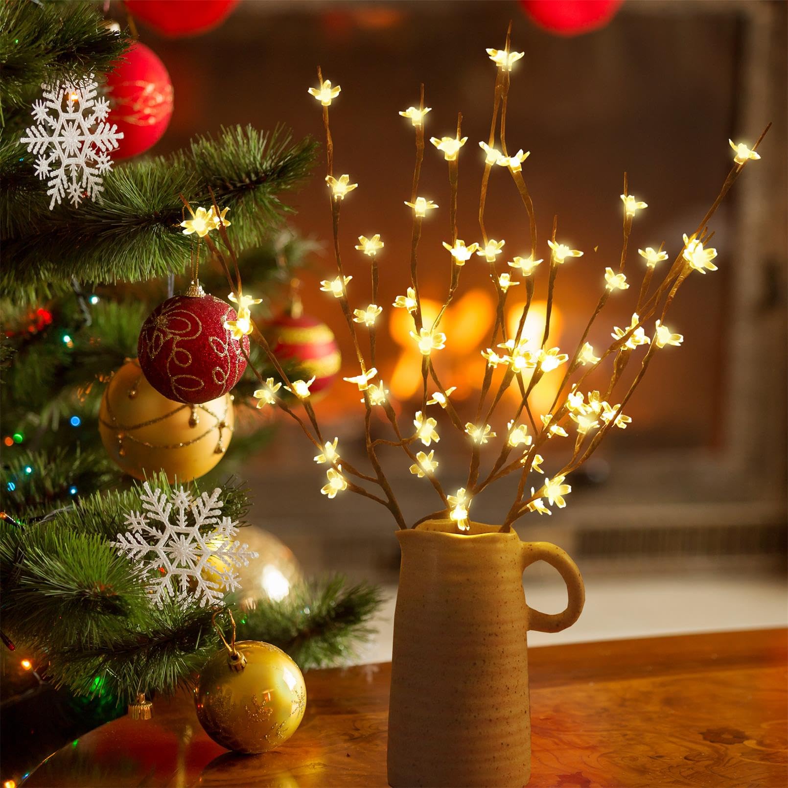 Amars 2 Pack Lighted Prelit Twig Tree Branches Lights, Battery Operated, Room Decor Led Cherry Blossoms Lamp Christmas Holiday Decorative Sticks Vase Filler For Home Decoration (29.5Inch)