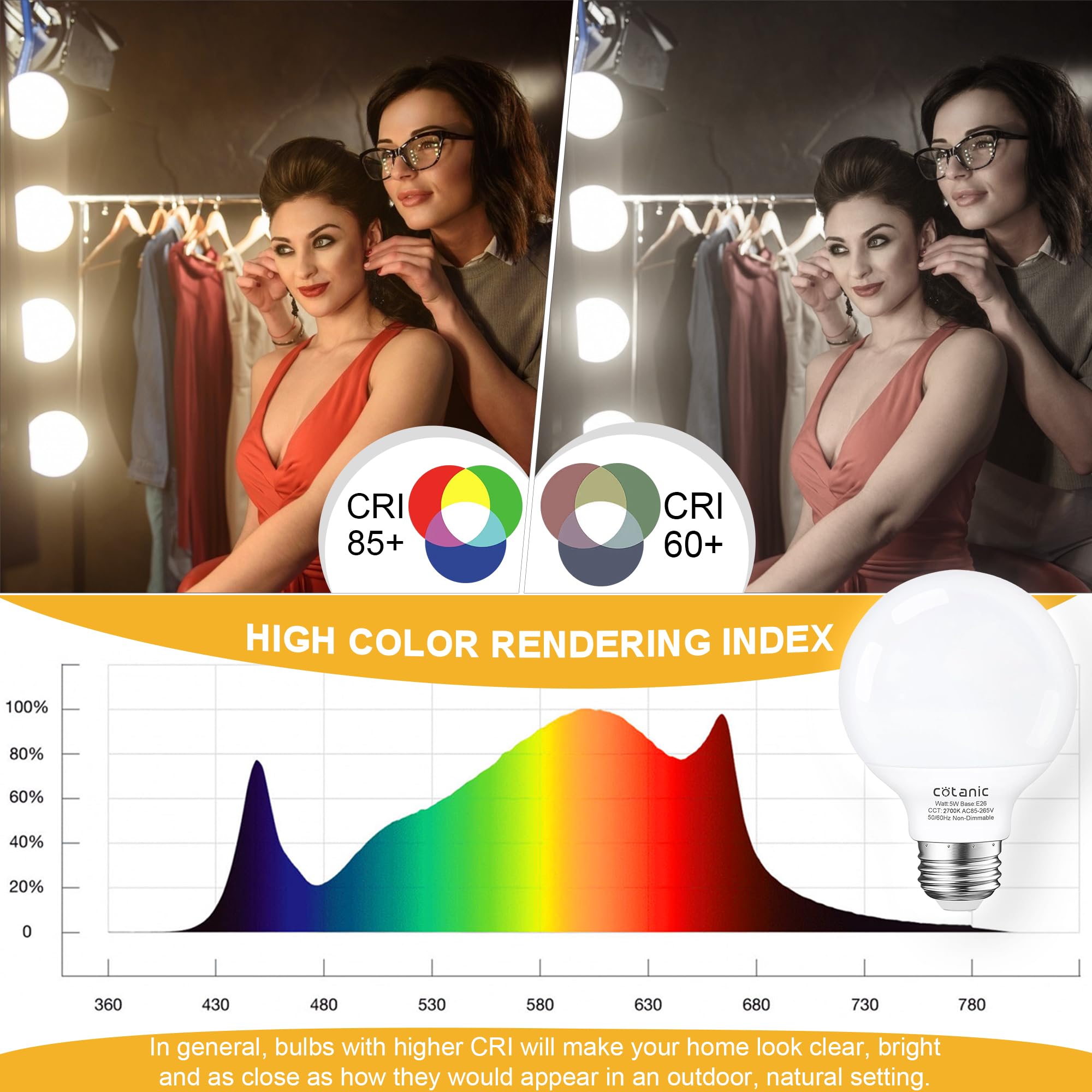 Cotanic G25 Globe Led Light Bulbs For Bathroom, E26 Standard Base, 5W(60 Watt Equivalent Incandescent Replacement), 500Lm, Non-D