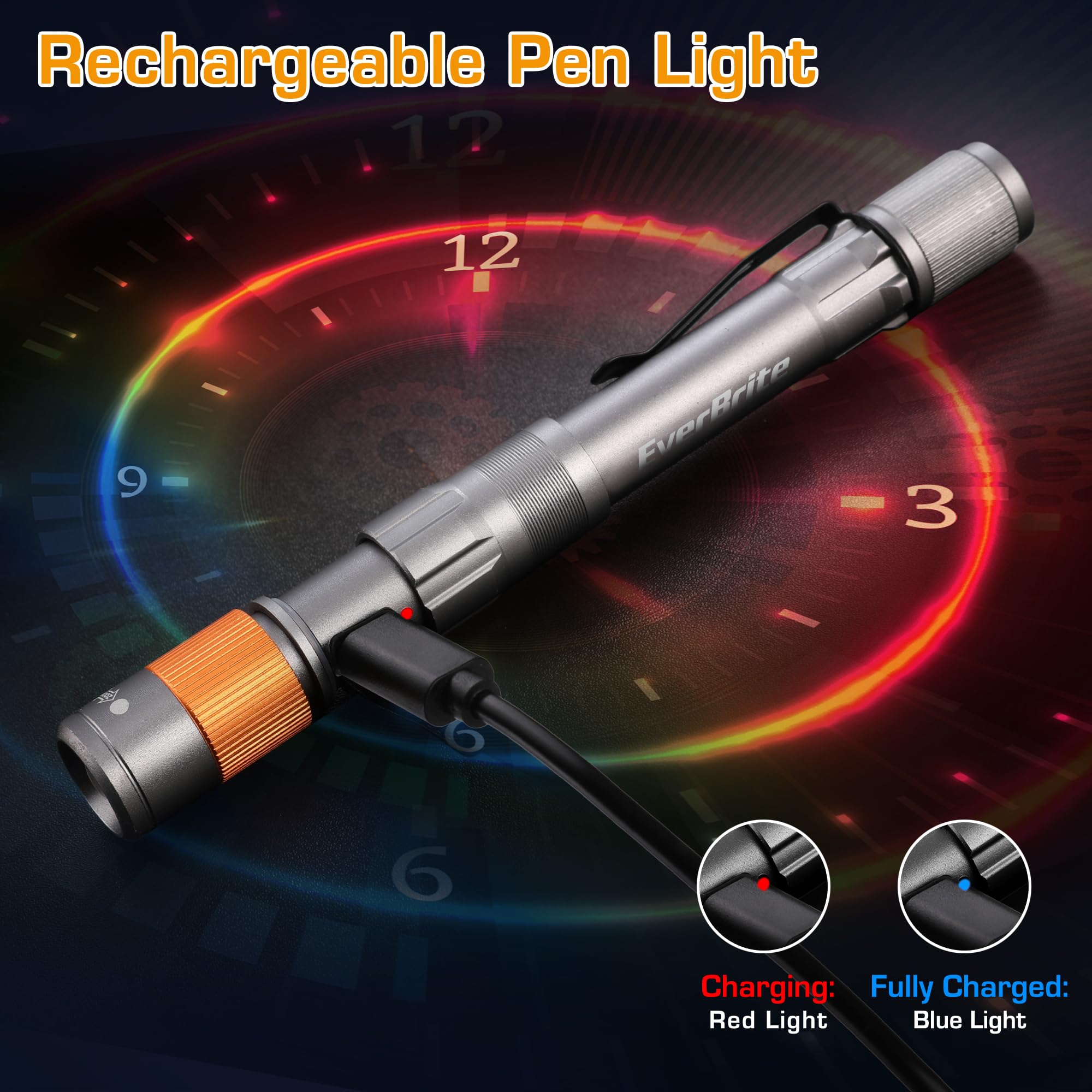 EverBrite Rechargeable Pen Light, 300 Lumens LED Flashlight, Zoomable, Aluminum, Gray