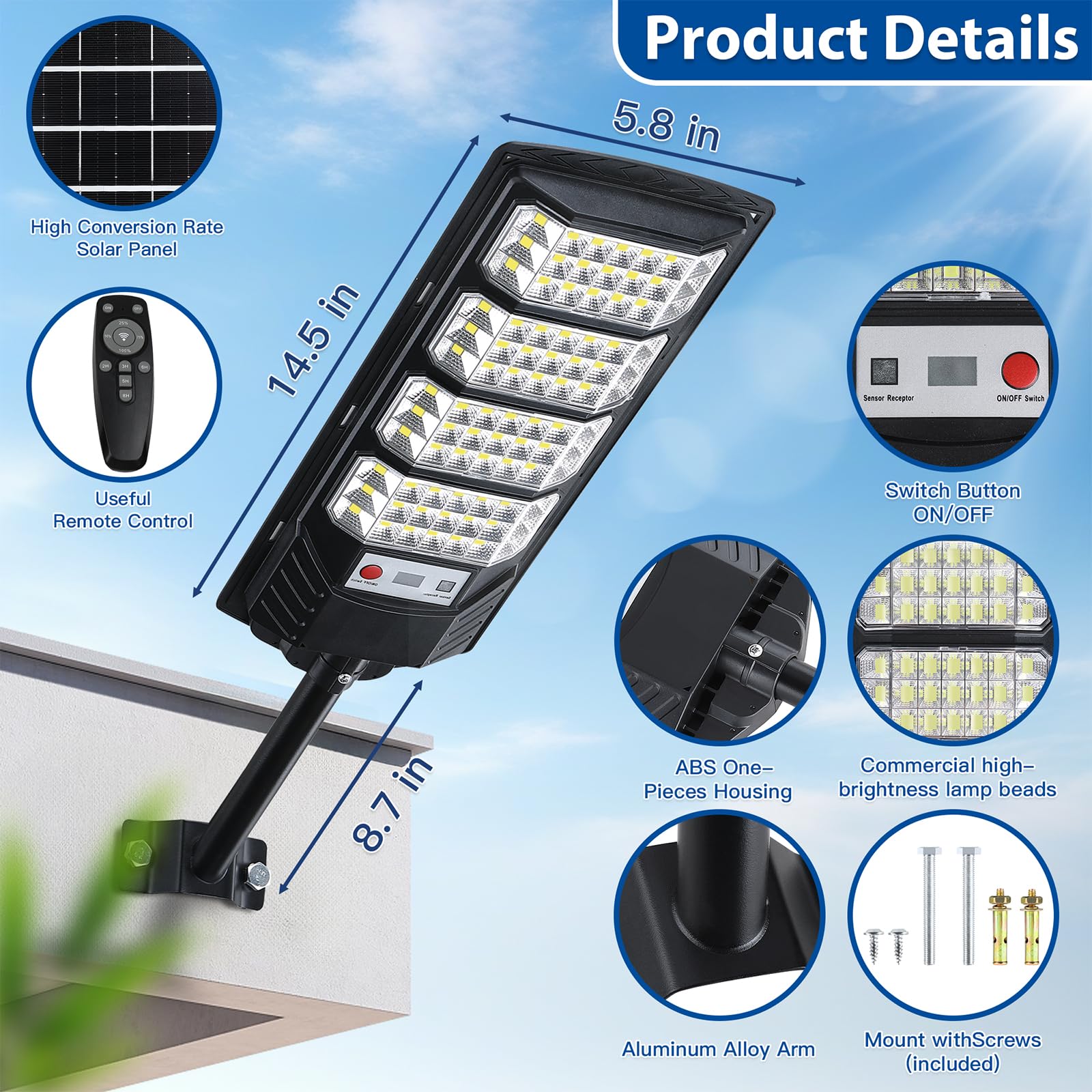 Yusist Solar Street Lights 2 Pack, 6500K LED Motion Sensor, Waterproof, Remote, Black, Model TL-155-2