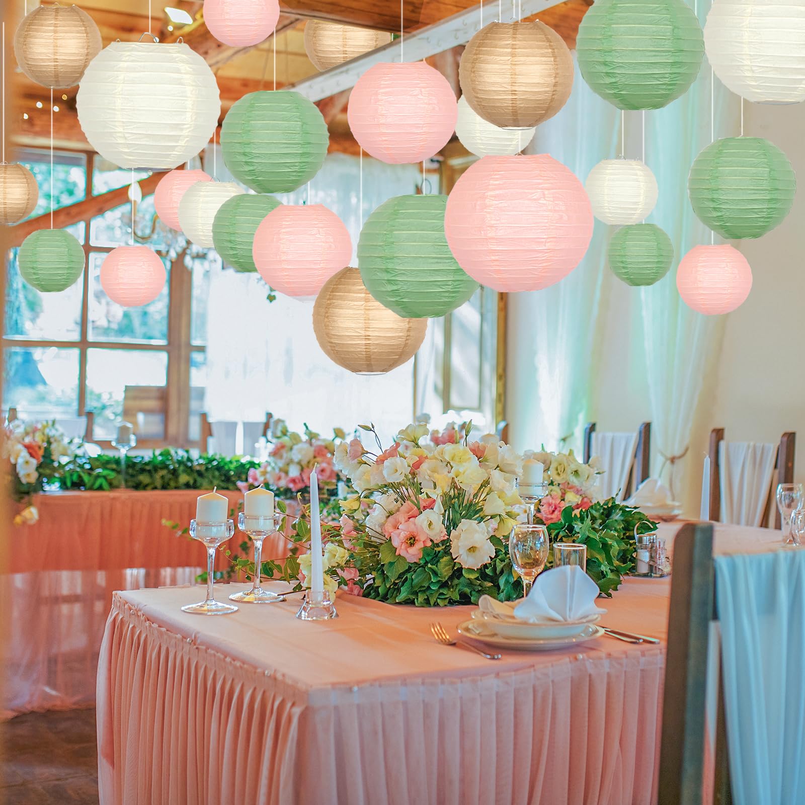 ADLKGG Paper Lanterns, Round Hanging Decorations for Parties, 21pcs, Sage Green/Pink/Brown
