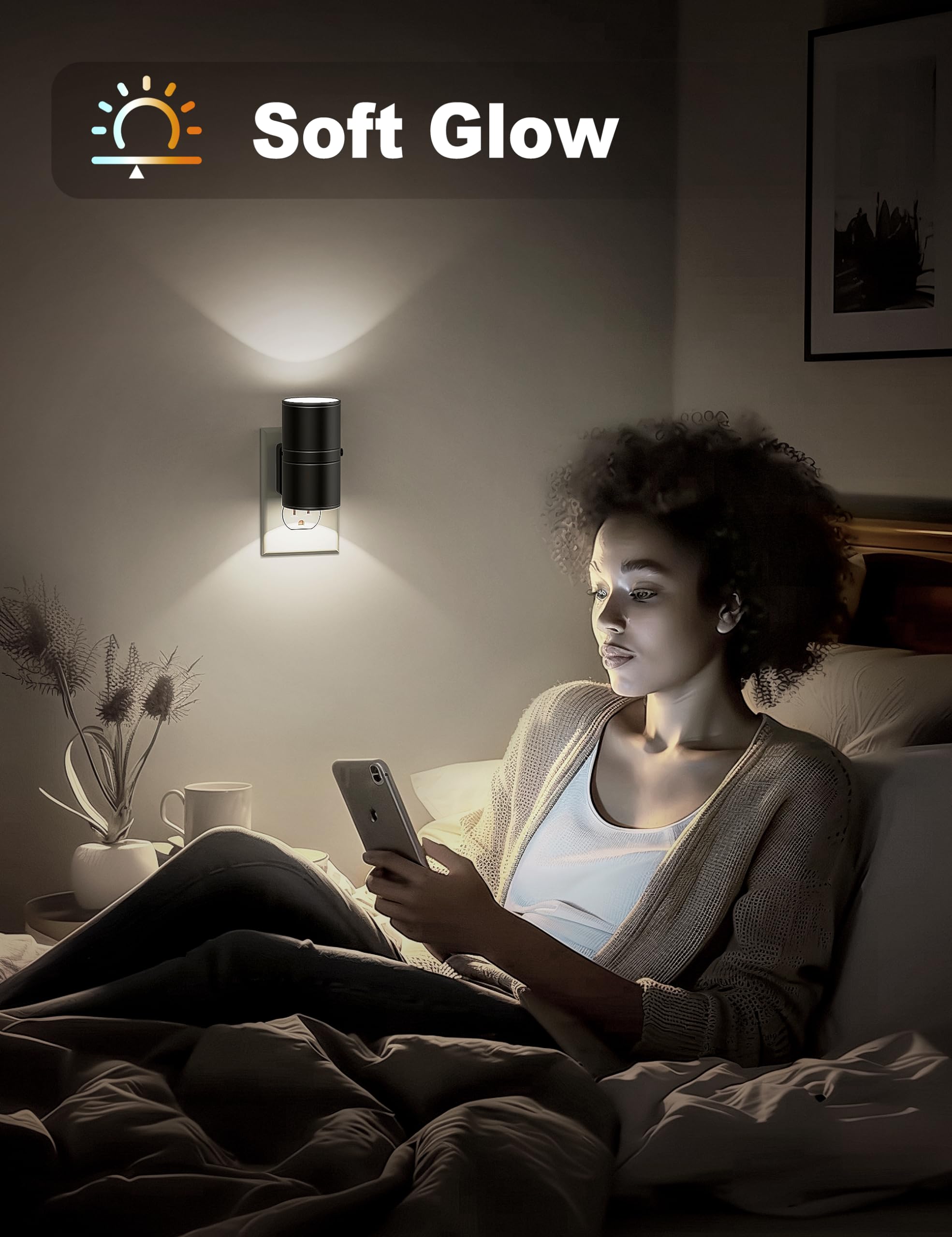 JandCase Dimmable Night Light Plug-in with Dusk to Dawn Sensor, Soft White 5000K, Adjustable Brightness, 2 Pack, White - Black Shade