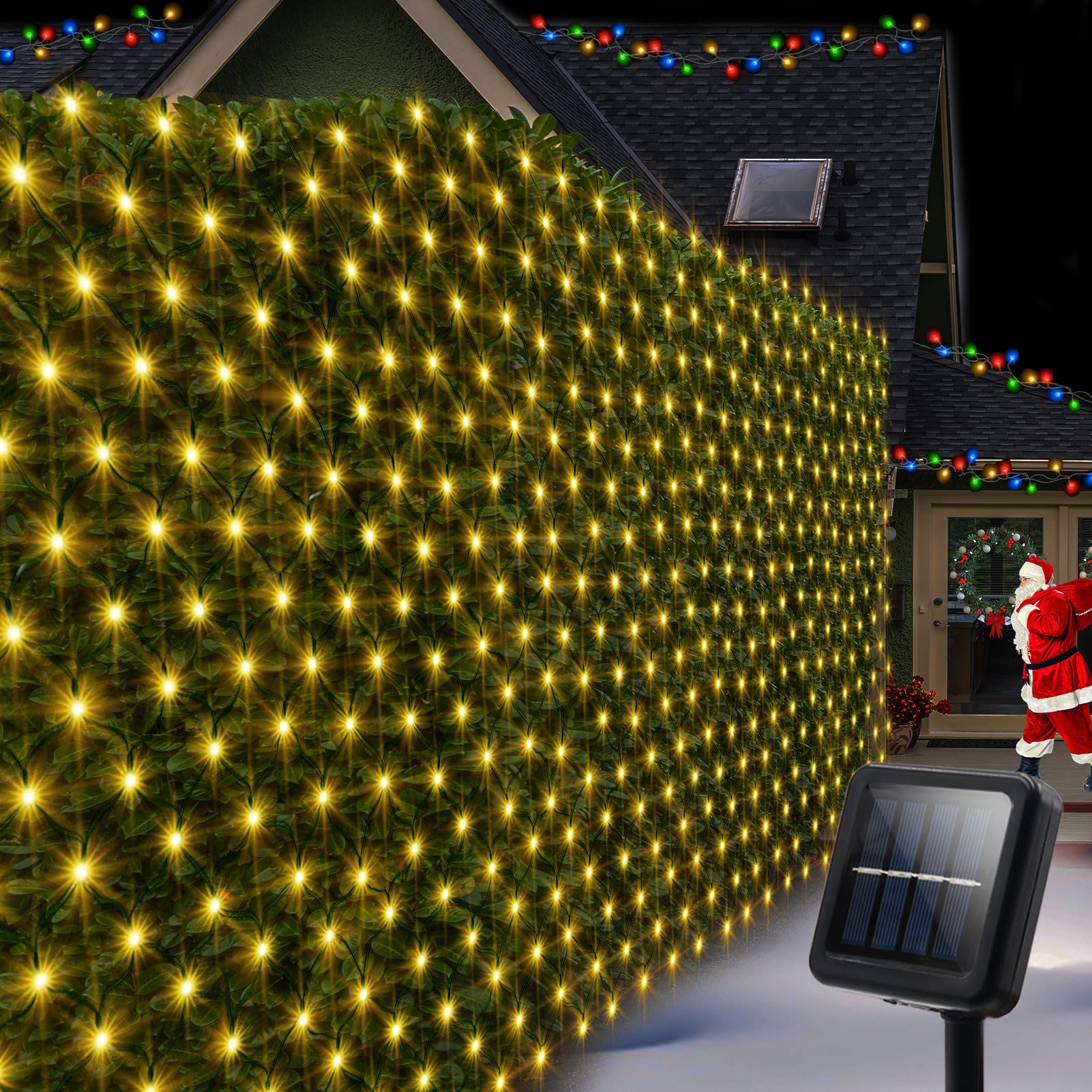 echosari Solar Net Lights 100 LED 5Ft x 5Ft Warm White Auto On/Off 8 Modes Outdoor Mesh Decor