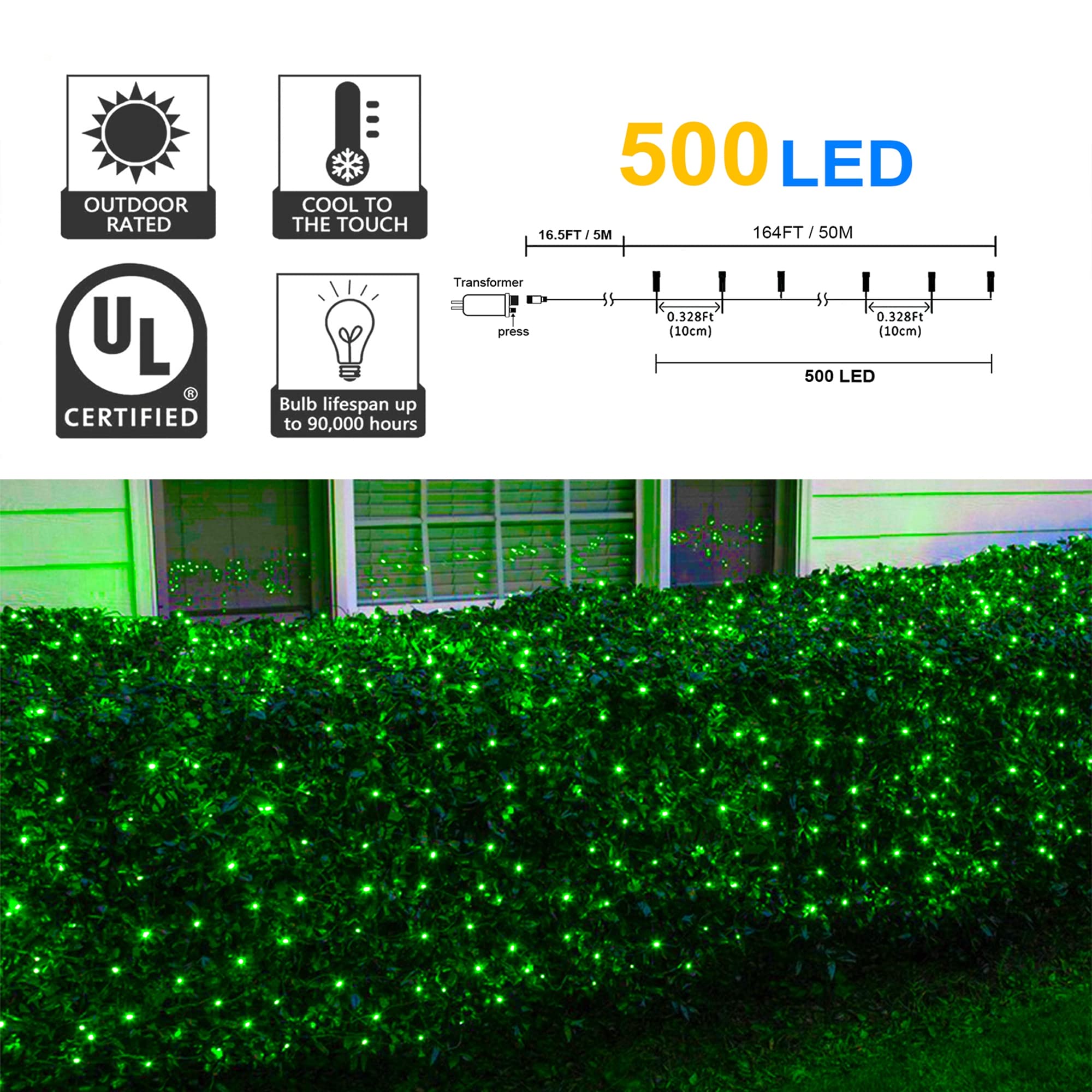 weillsnow LED Christmas Lights 164FT Green Waterproof 8 Twinkle Functions Model HB-500COI for Indoor Outdoor Decoration