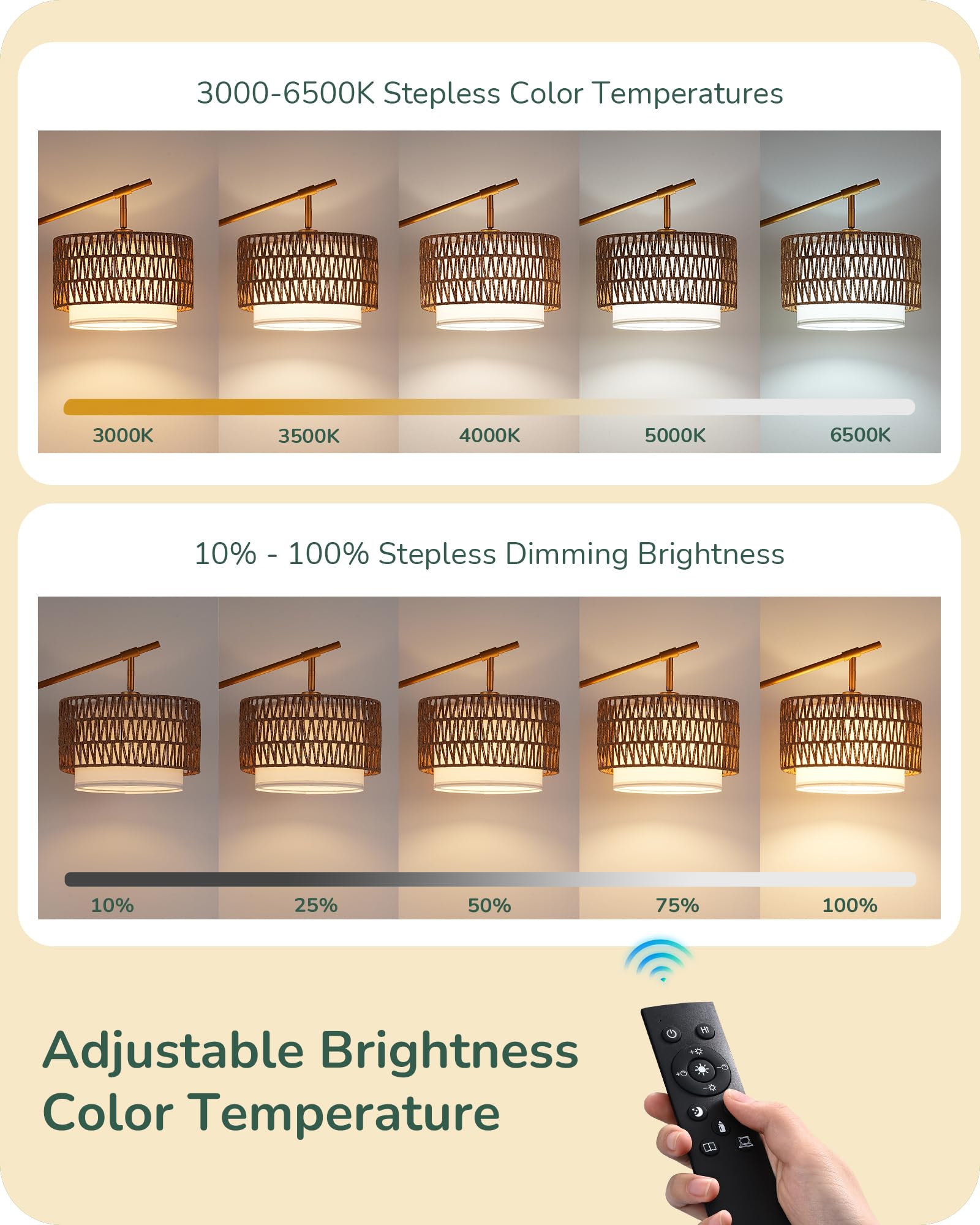 EDISHINE Rattan Arc Floor Lamp with Remote, Dimmable LED, Gold, Adjustable Wicker & Fabric Shades, Model HFLEA3A
