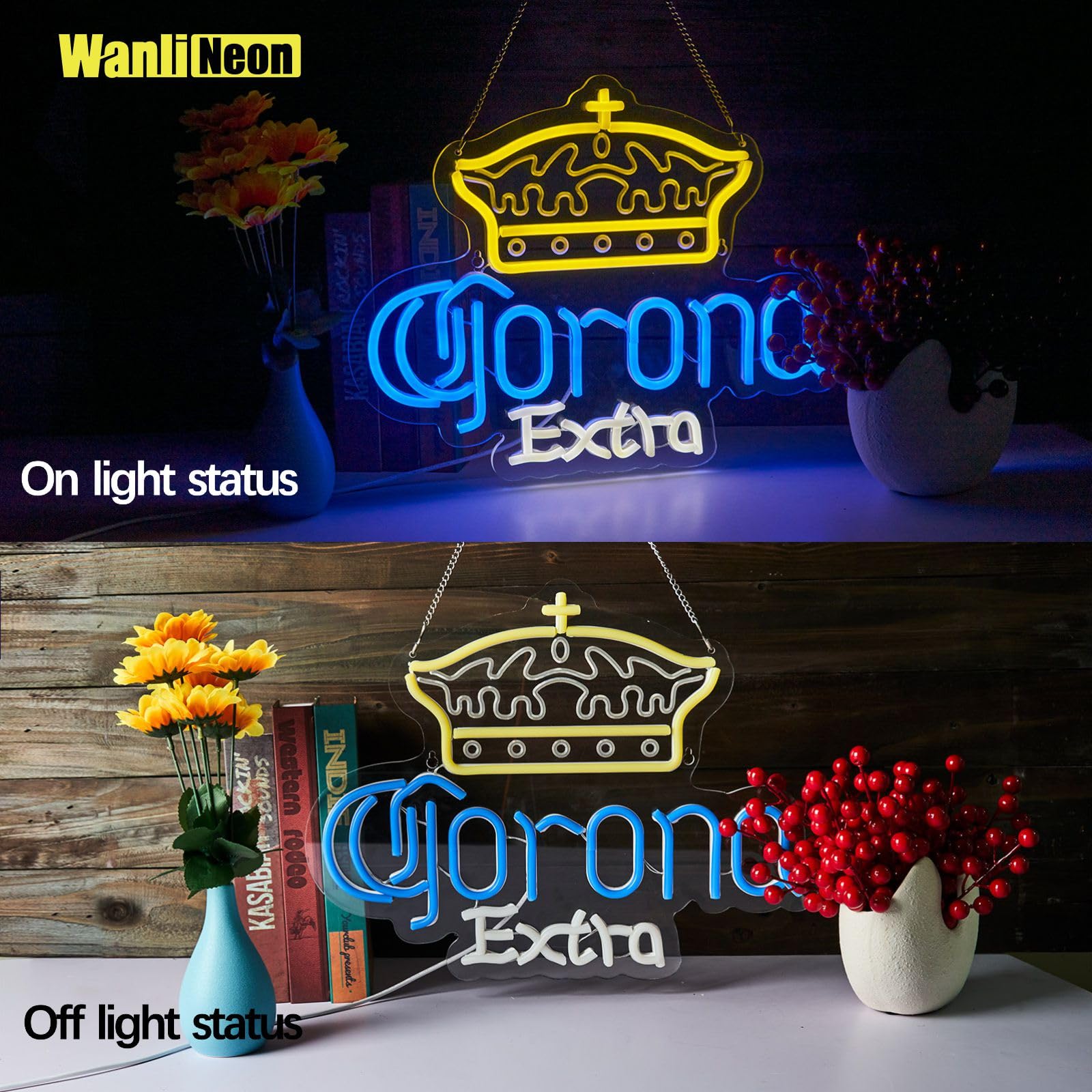 WanliNeon Neon Sign Light - Dimmable LED Crown malt-inspired Decor for Bar, Man Cave, 16.1inx12.6in, Yellow + Blue