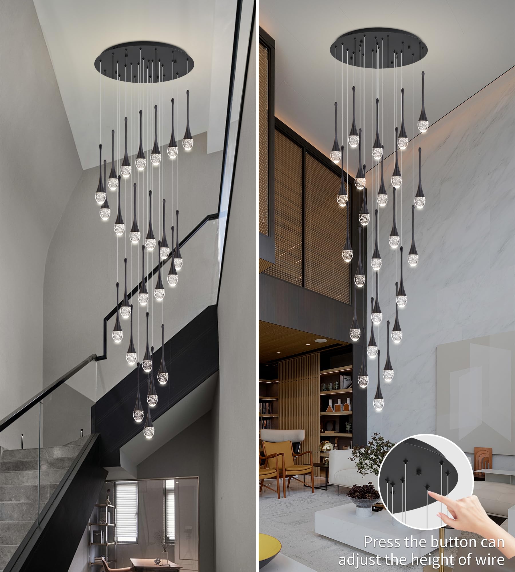 Upfelw Modern Crystal Staircase Chandelier, 24 Lights, Black Metal, H138'' Dimmable LED, Model UCC-B24-0436, Remote Control