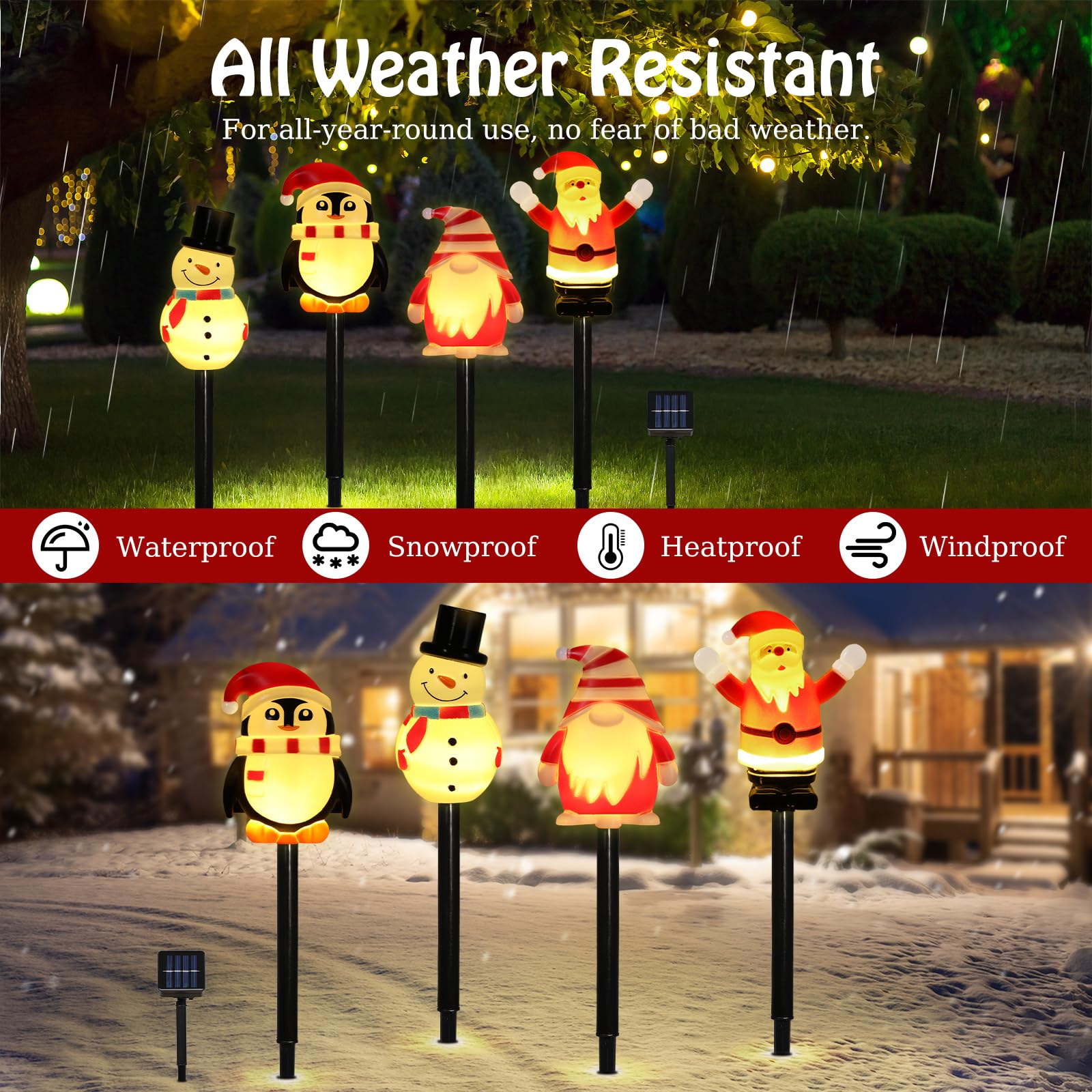 Lewondr 4 Pack Christmas Decorations Outside,Solar Lighted Santa Claus,Snowman,Gnome,Penguin With Garden Stakes,Waterproof Garde