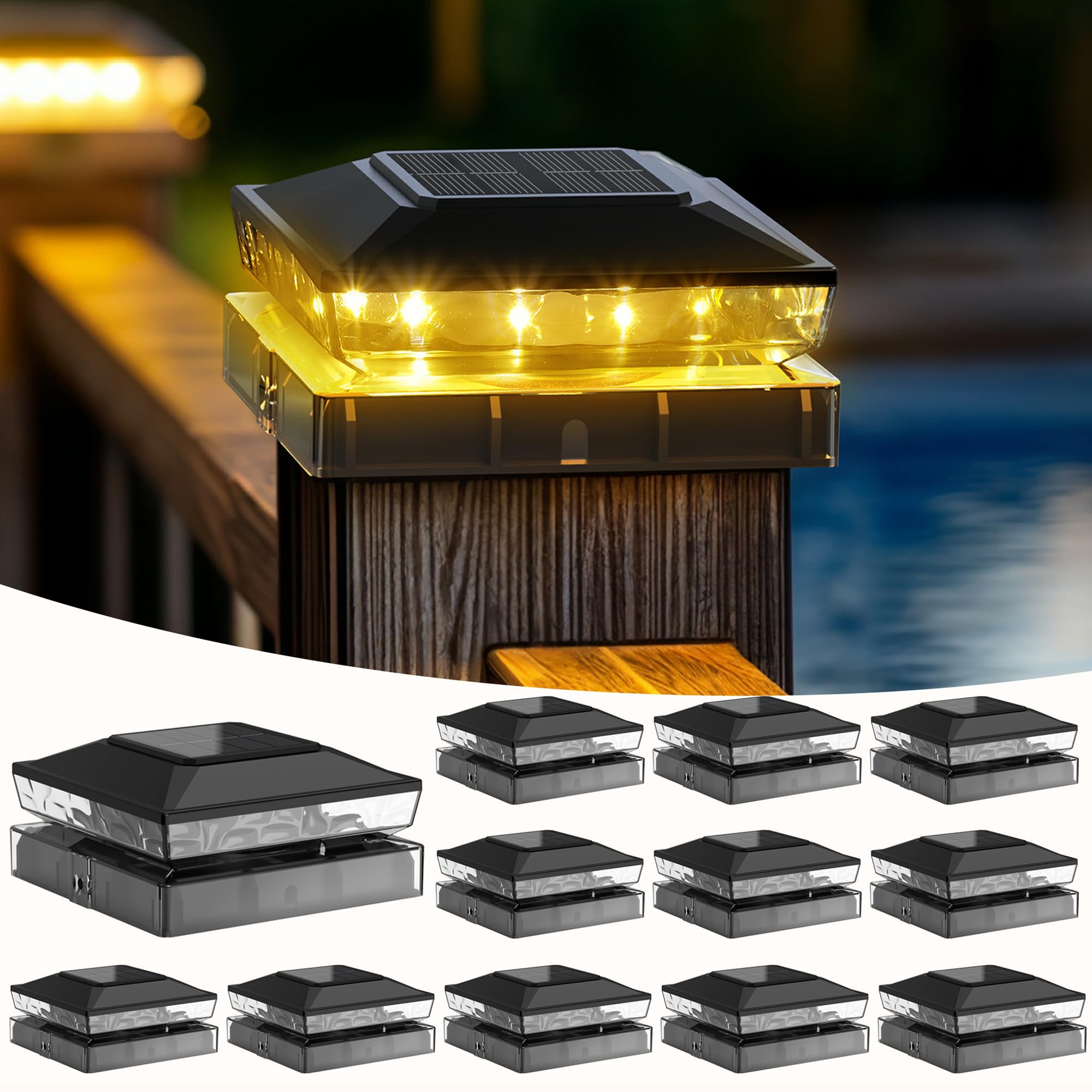KEILAIMO Solar Post Cap Lights, 12-Pack, IP65 Waterproof, Warm White Glow, for 4x4 & 5x5 Posts, Black, Model SL51