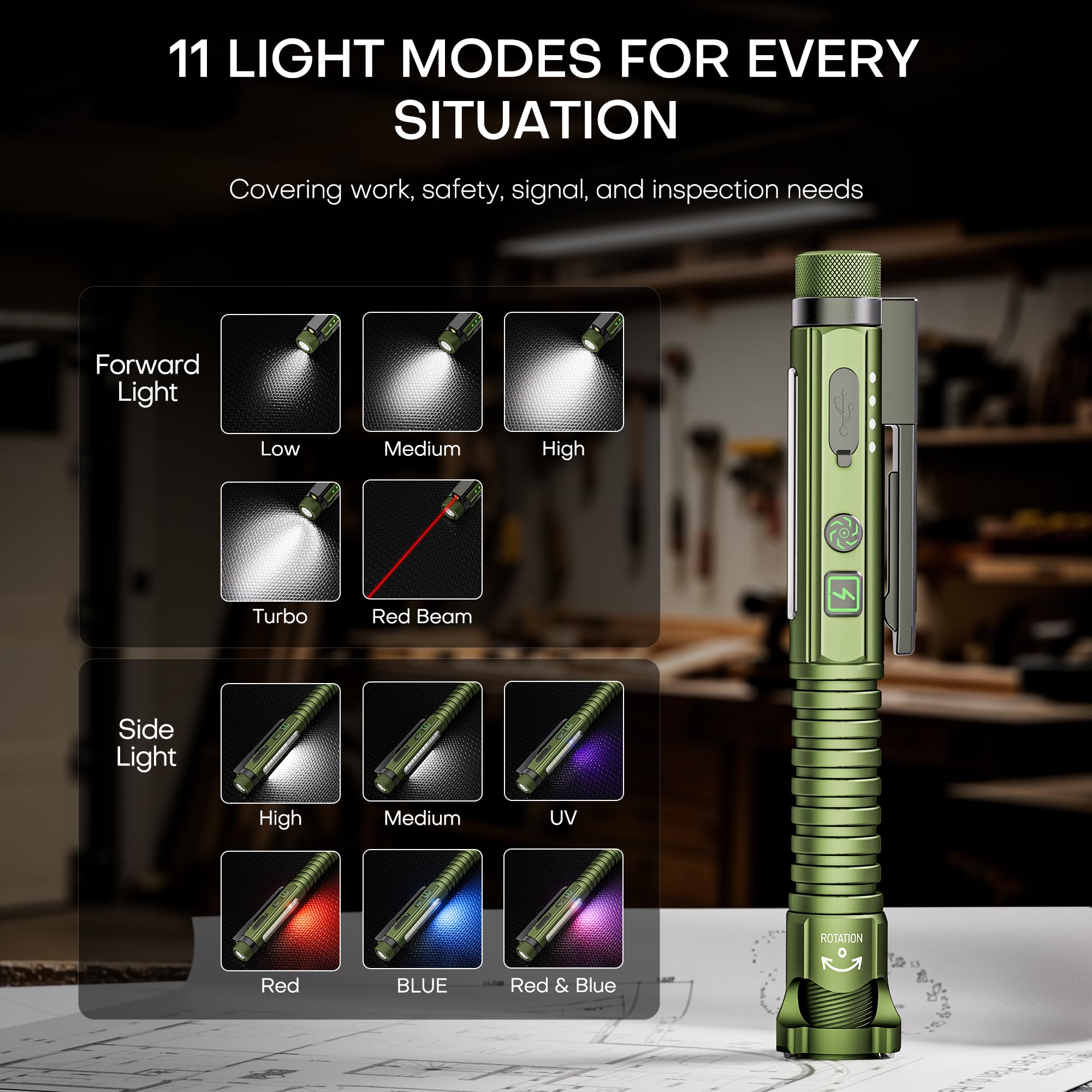PASIION EDC Pen Flashlight 800 Lumen, Rechargeable, Green, Large, Model FL03P, with Magnetic Clip, 11 Modes, Glass Breaker & Bottle Opener