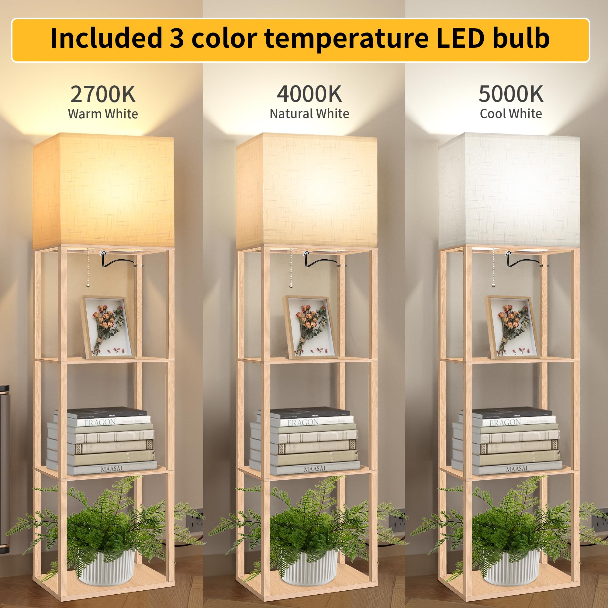 Dott Arts Floor Lamp with Shelves, 15.7in Wide, Wood, Burlywood, Model WLM1600-FLA-15W-11, 3 Color LED Bulb