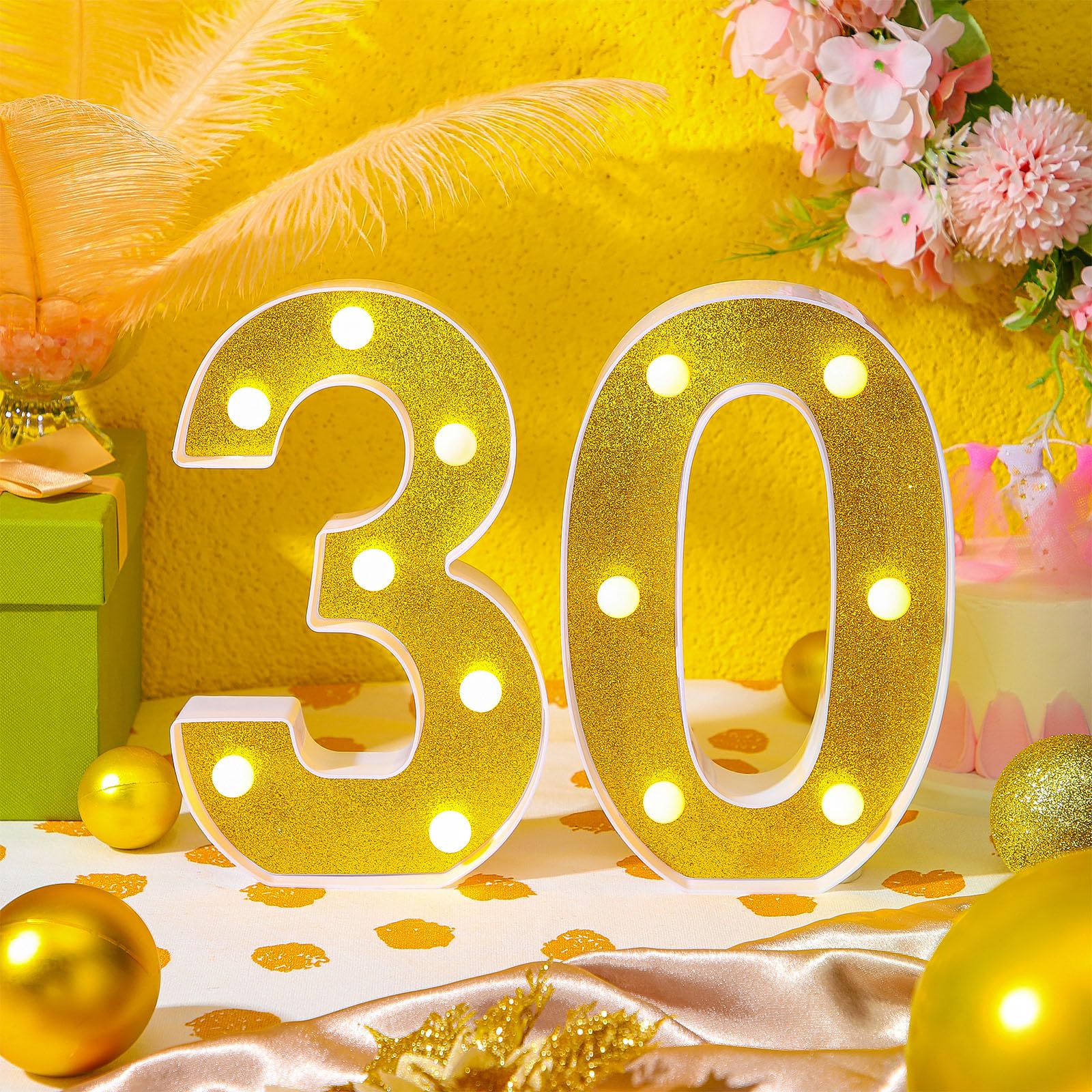 Treela LED Decorative Birthday Number Sign, Glitter Marquee 30th, Gold, PP Material for Party Decorations and Centerpieces