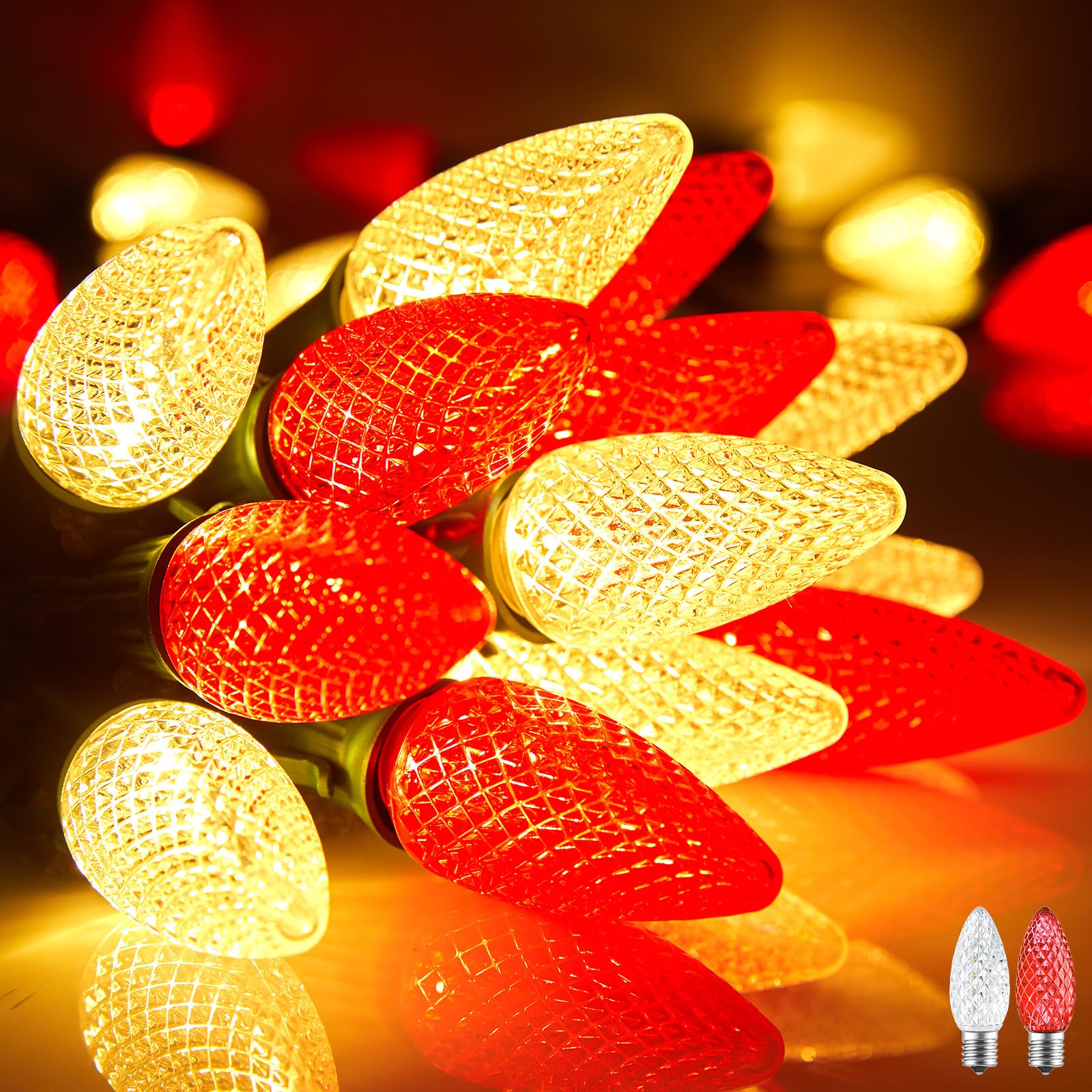 100 Feet Led Christmas Lights, Red and Warm White C9 Christmas String Lights Outdoor, 100 Strawberry Bulbs Connectable UL Certif