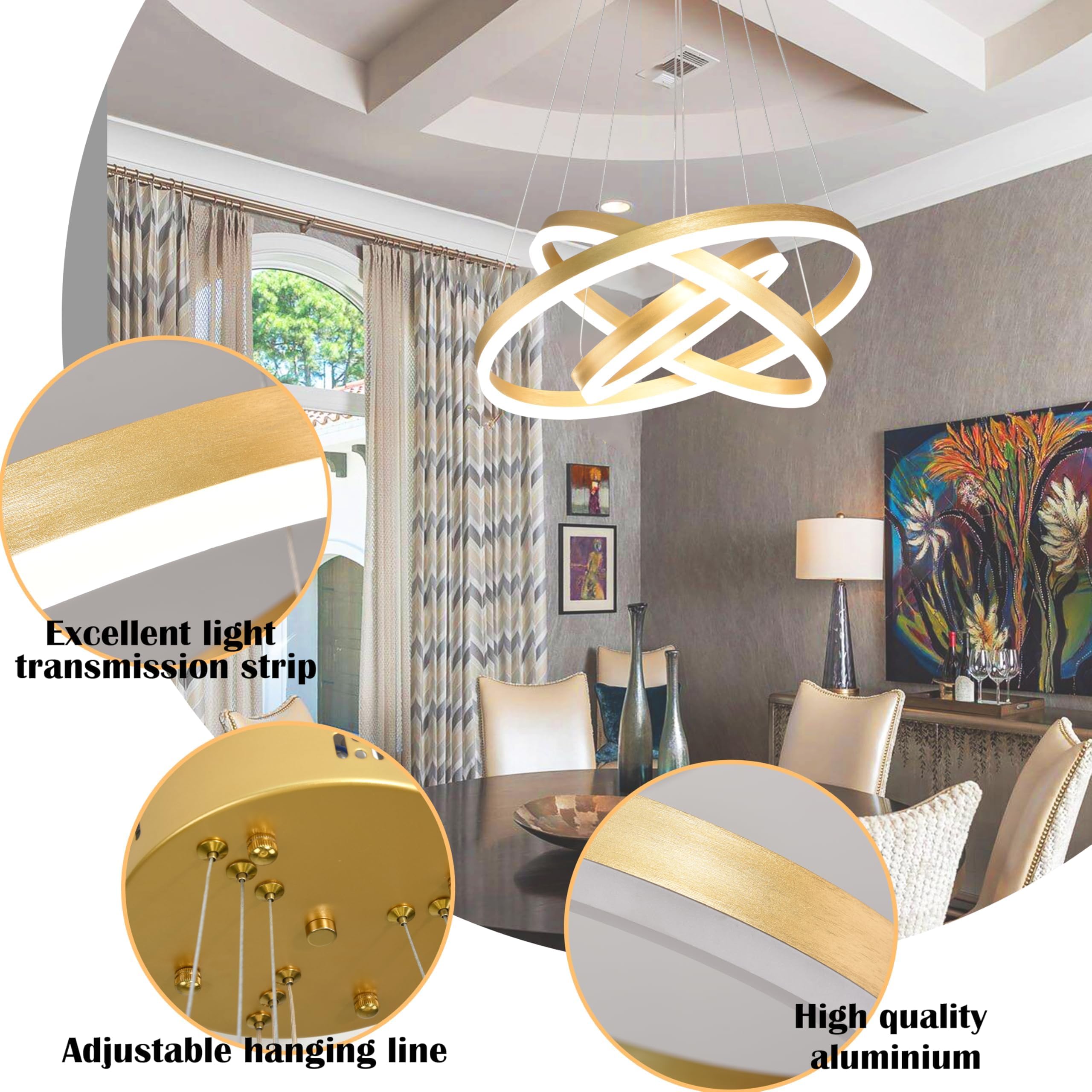 Mccokaige Modern Gold LED Chandelier, 3 Rings, Dimmable, Height Adjustable, Metal Light Fixture for Kitchen, Dining Room, 20"