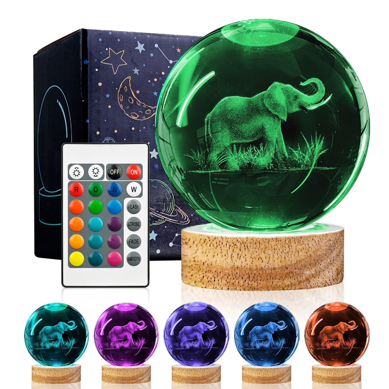 3D Elephant Crystal Ball Night Light with 16 Color Wooden Base, Upgraded 3.15 Inch Elephant Glass Ball Lamp with Remote for Birt