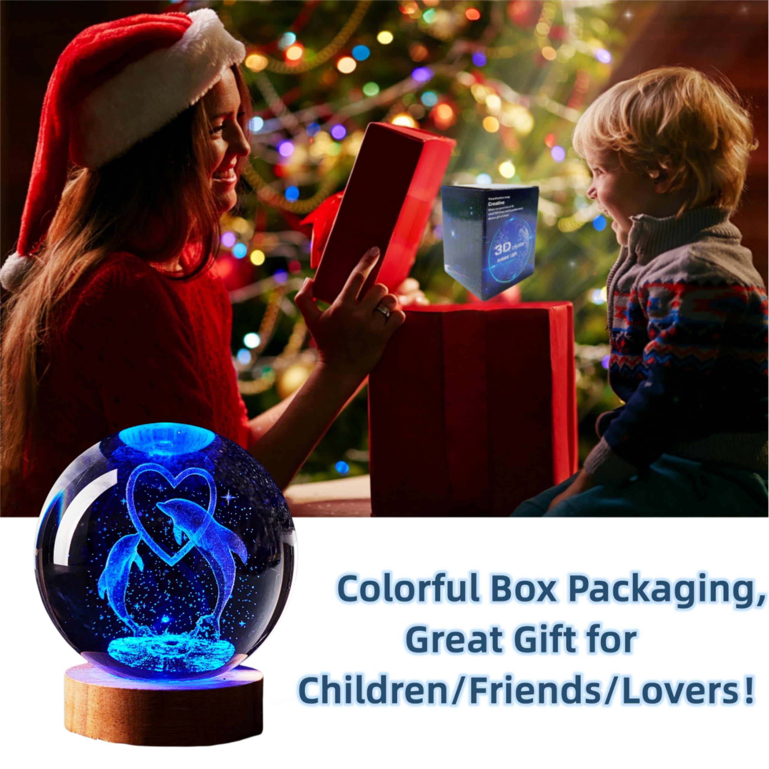 Digfpwt Dolphin Crystal Ball Lamp, 3.15 Inch K9 Crystal Ball Night Light With Wooden Base, 16 Colors Change With Remote Control