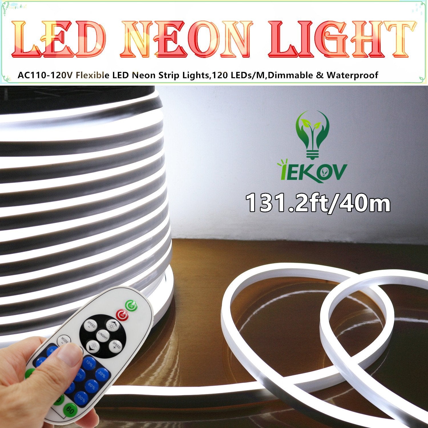 IEKOV LED Neon Light, Dimmable Waterproof 2835 SMD Rope Light, 40m/131.2ft, White, Model NEON LIGHT-W-40M