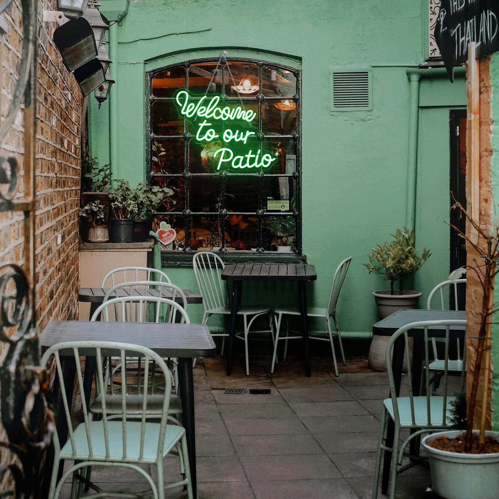 FAXFSIGN Neon Sign - Welcome To Our Patio, Green LED Light, 16.54in x 12.6in, Colorful Wall Decor for Outdoor Cafe, Garden, Party