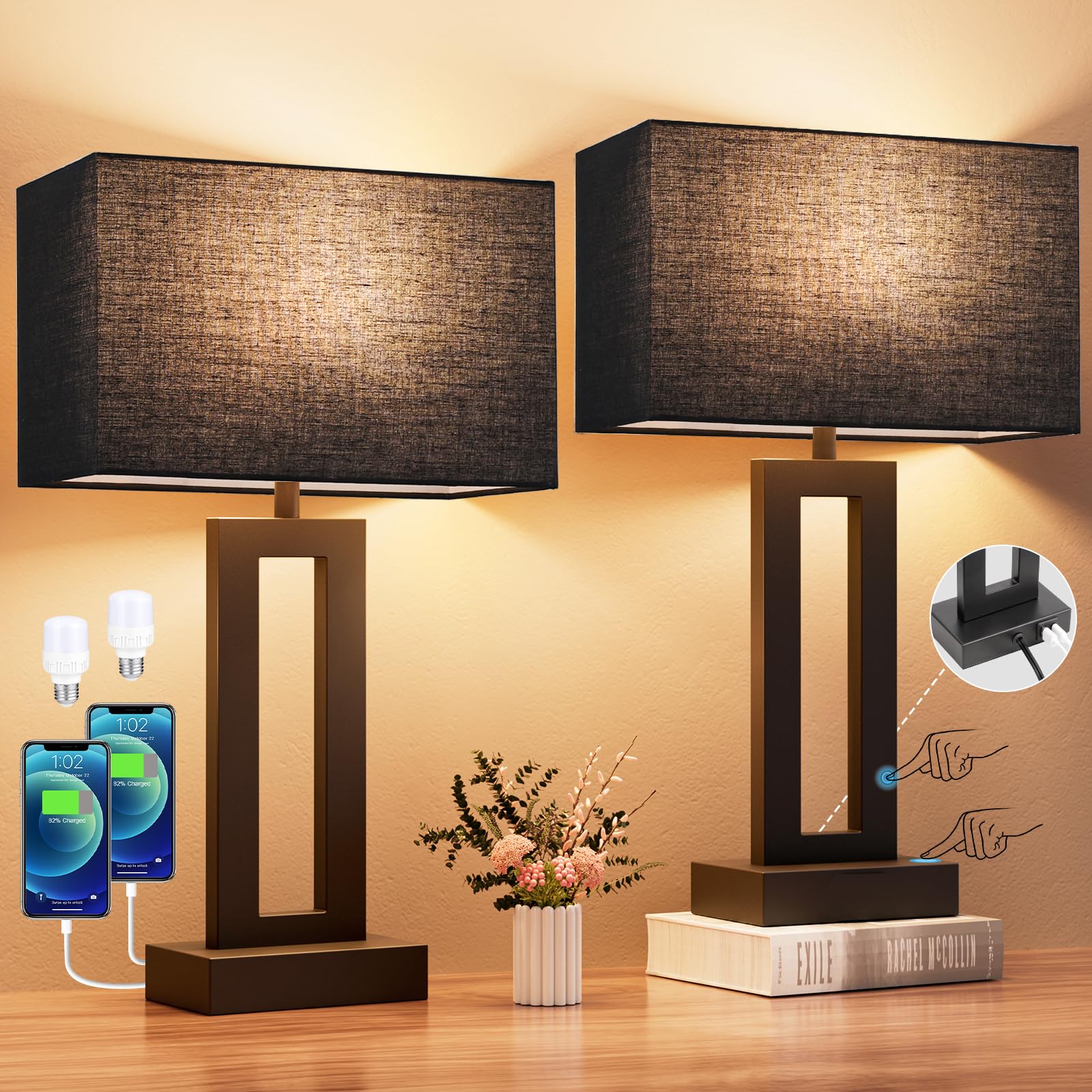 Nightstand Table Lamps for Bedrooms Set of 2 - Touch Bedside Lamp with USB C+A, 3 Way Dimmable Living Room Lamps for End Tables 