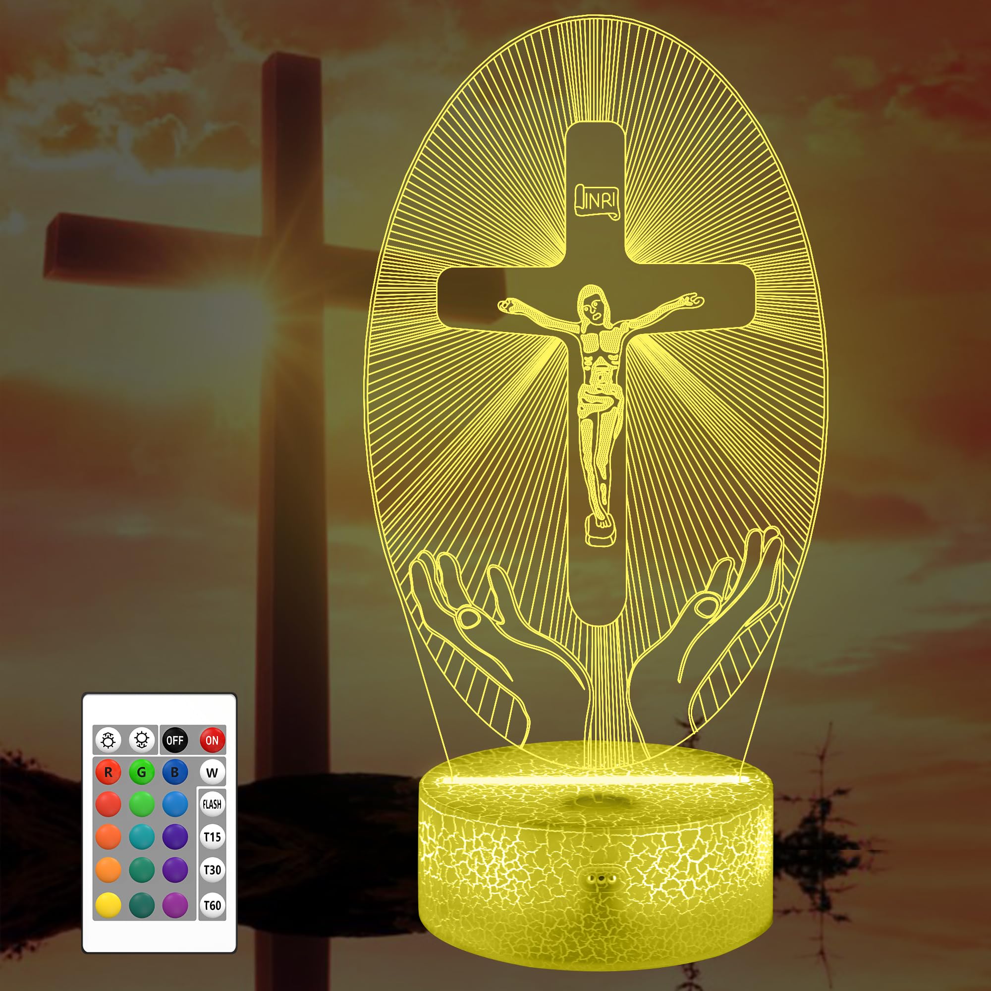 Attivolife Jesus Cross 3D Night Light  Christian Illusion Optical Hologram Lamp with 16 Color Changing Remote Control  LED Desk Catholic Decor Birthday Religious Mothers Day Gift for Women Mom