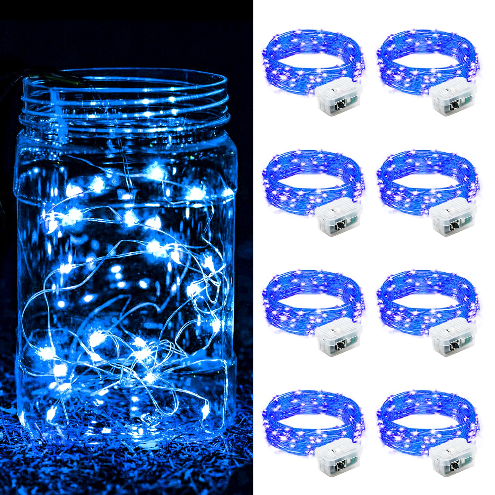 ZGWJ 8 Pack Fairy Lights Battery Operated  7FT 20LED Mini Fairy String Lights Silver Wire 3 Modes for DIY  Parties  Wedding  Bedroom  Halloween Christmas Decoration- Blue