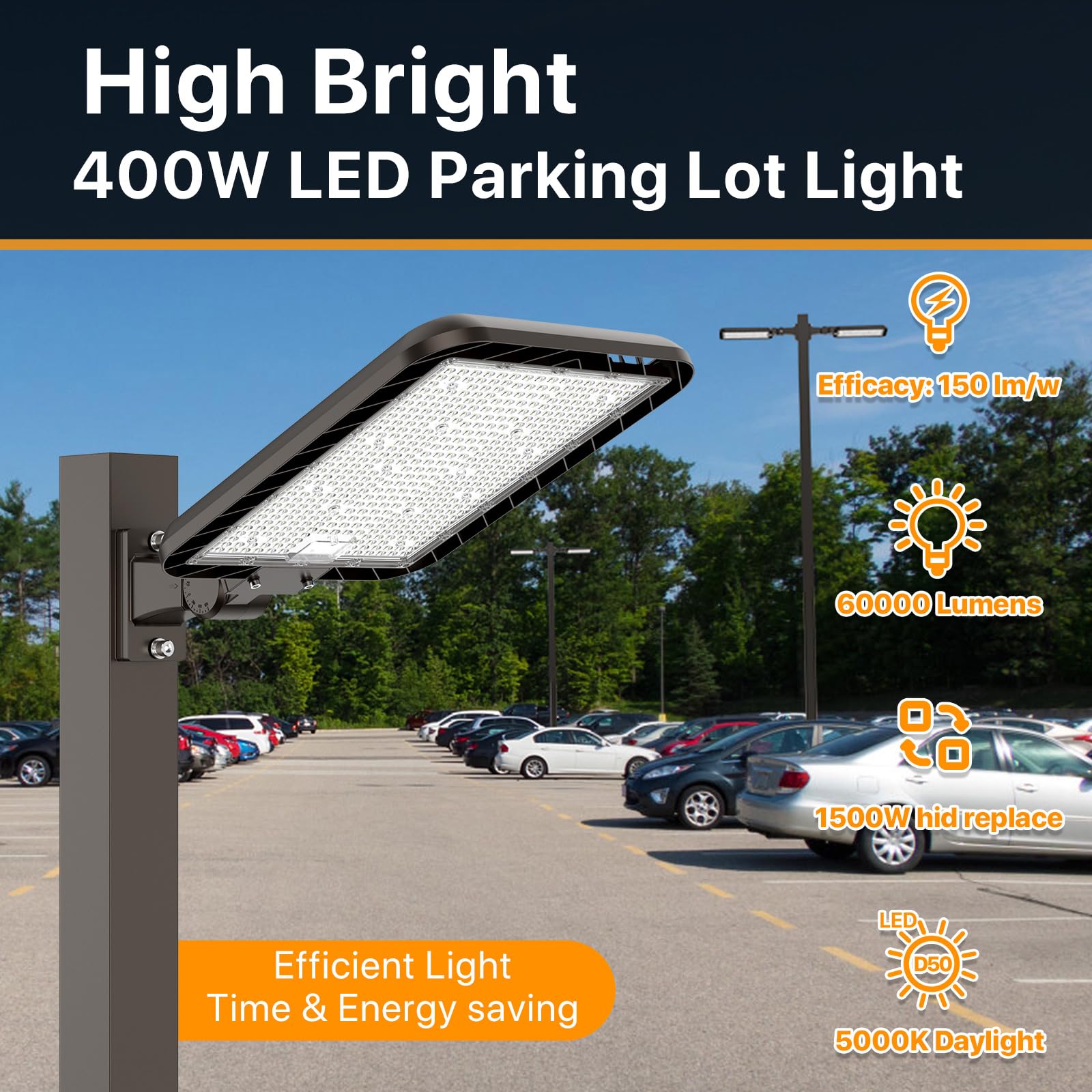 DEMILARE 400W LED Parking Lot Light, 60000LM, Adjustable Arm Mount, IP65, Black, Model CB400W