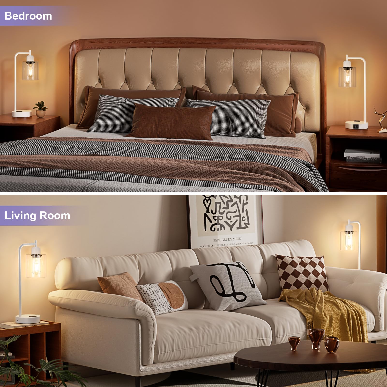 Innqoo Industrial White Table Lamps For Bedrooms Set Of 2-3-Way Dimmable Desk Lamp With Usb C+A Ports And Outlet, White Lamps Wi