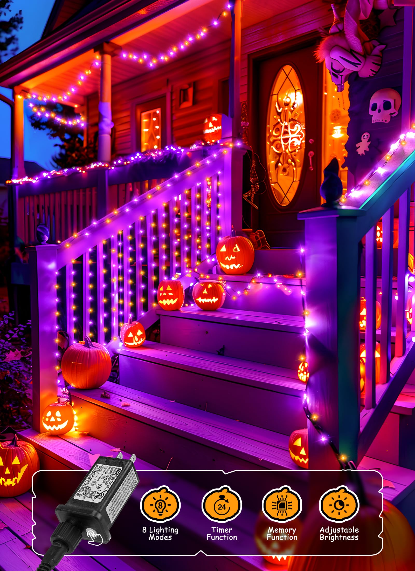 Brightown Halloween String Lights - 1000LED 50Ft Waterproof, 8 Modes, Remote Control, Orange & Purple Fariy Lights for Outdoor Decor