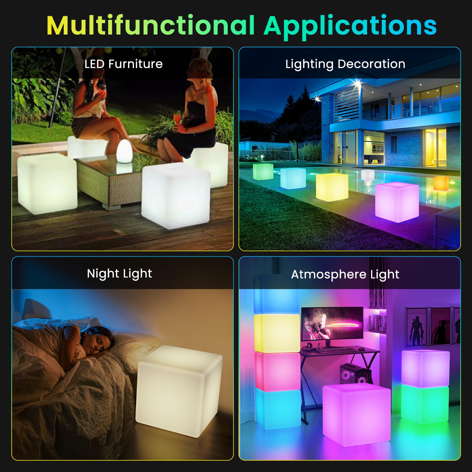 LOFTEK 20-inch RGB LED Cube Light - Rechargeable, IP65 Waterproof, Multicolor, Remote Control for Home, Outdoor, Pool, Party Decor