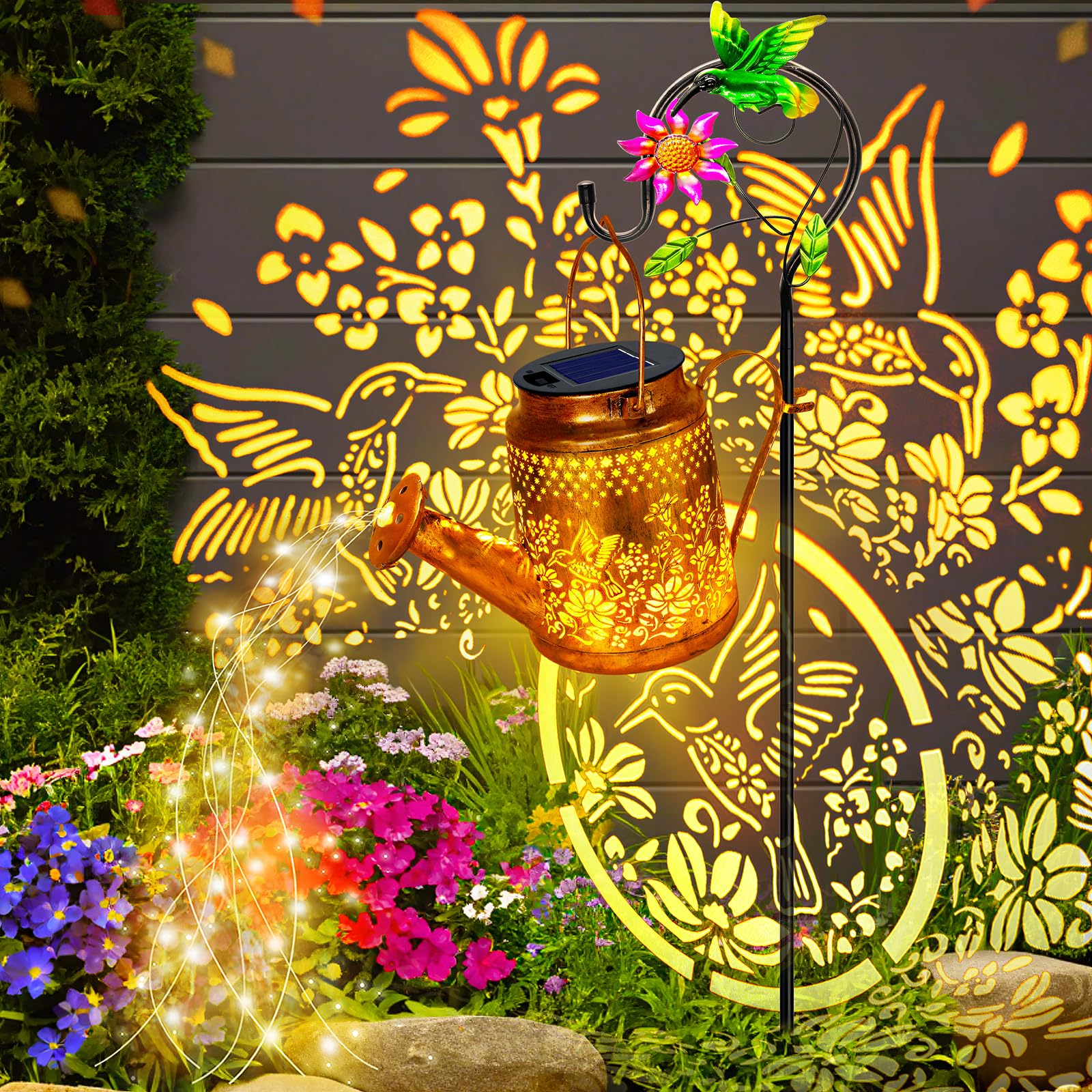 Solar Lanterns Outdoor Waterproof  Hummingbird Flower Watering Can Garden Decor  Hanging Lights Path Lights Yard Patio Decorations Gardening Birthday Gift For Mom Grandma Girlfriend With Shepherd Hook