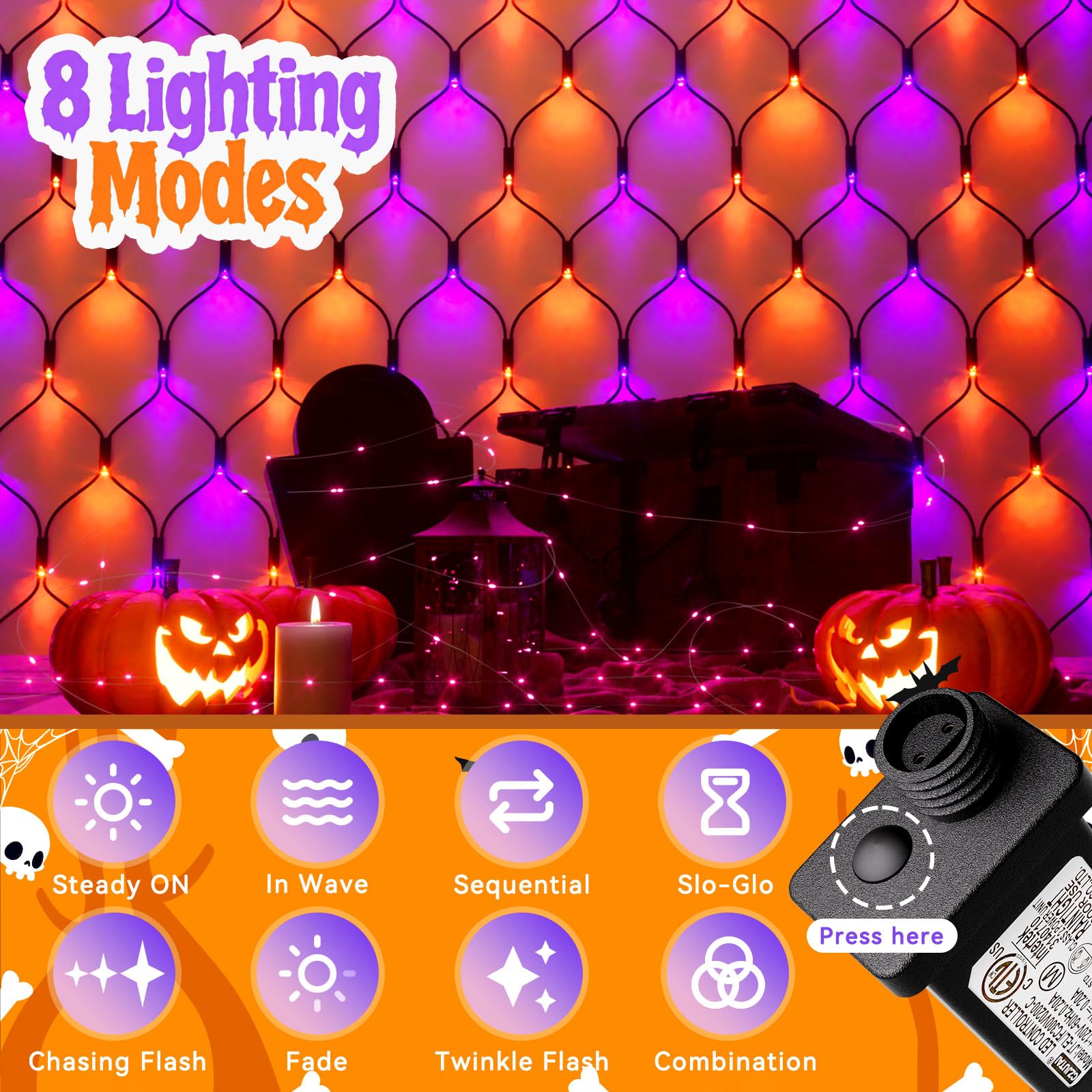 Lithome 14.8Ft X 5Ft Halloween Net Lights  300 Led Purple Orange Bush Lights With 8 Modes  Connectable Waterproof Net Mesh Light Dark Green Wire For Bushes Shrubs Trees Outdoor Holiday Decor