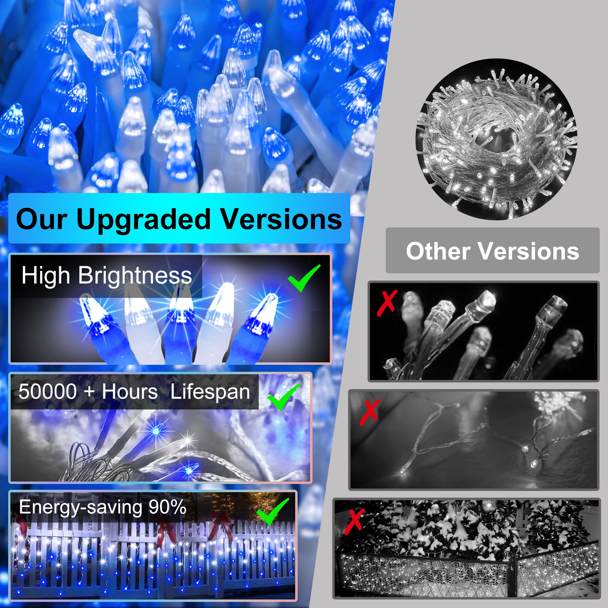 XIKENGSHQ 648 LED Outdoor Christmas Lights, 66ft with 144 Drops, Waterproof, 8 Modes, Blue & Cool White