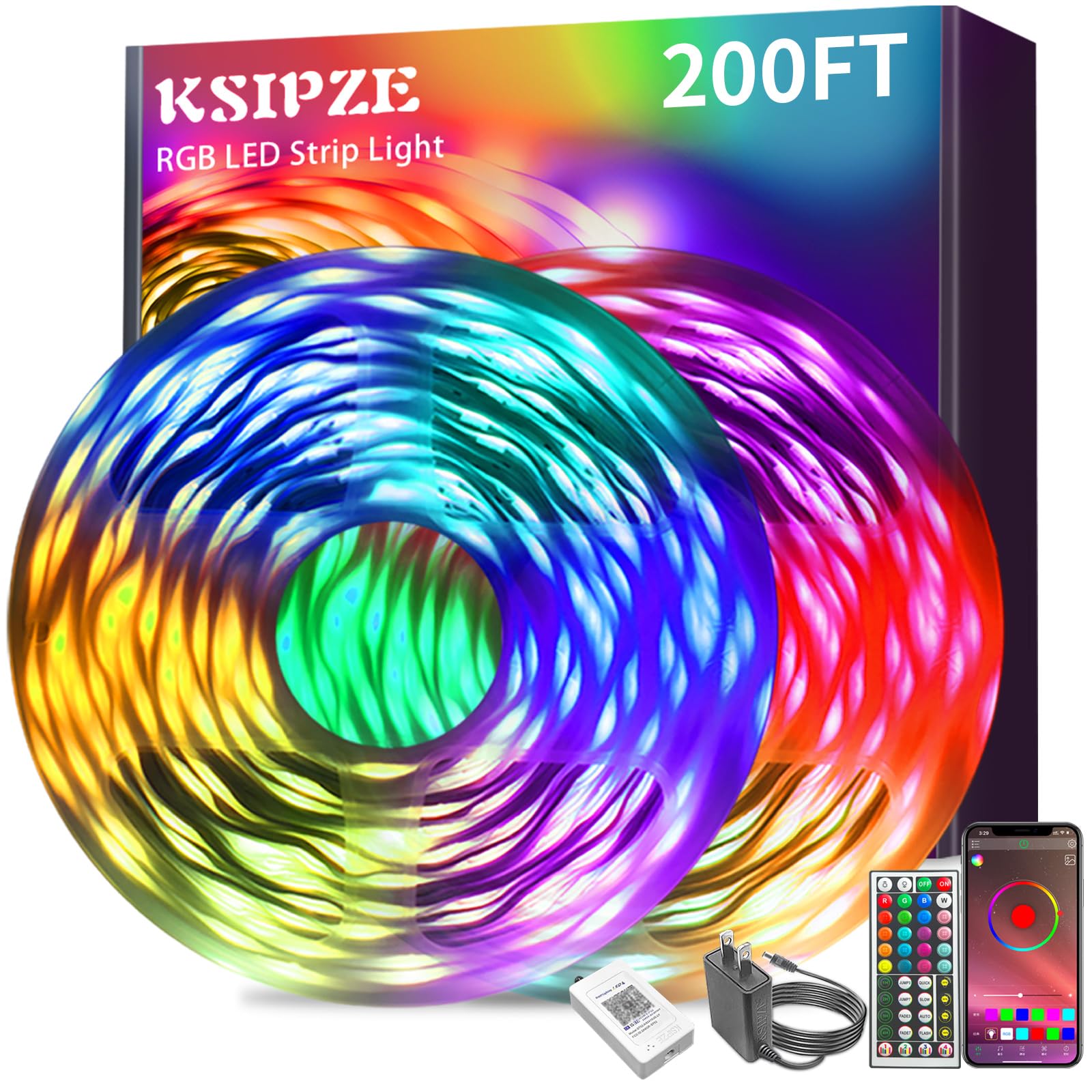 KSIPZE 200ft (2 Rolls of 100 ft) Led Strip Lights RGB Music Sync Color Changing Bluetooth Led Lights with Smart App Control Remo
