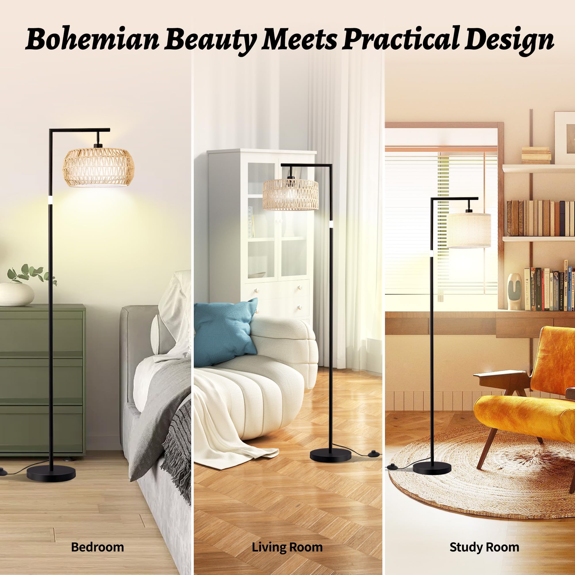 MHYFYH Boho Rattan Floor Lamp, Adjustable Height Bohemian Floor Lamps, Dimmable Standing Lamp with Remote Control, Rustic Lighti